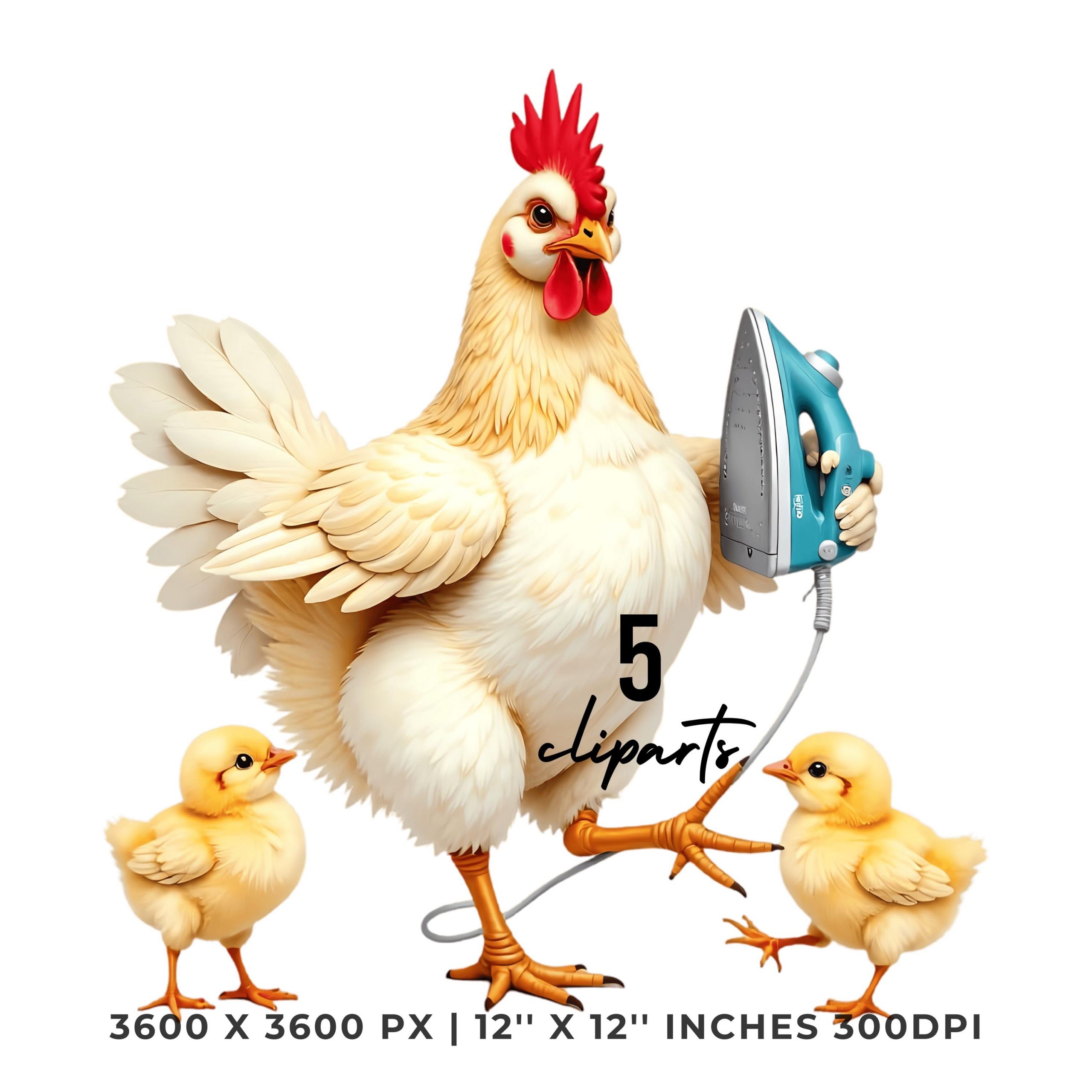Chicks with Hen Holds an Iron Clipart | Frazzled Quirky Whimsical Cute Farm Life | 5 PNG – 5 JPG Sublimation Commercial Use | Farm Life – Instant Digital Download