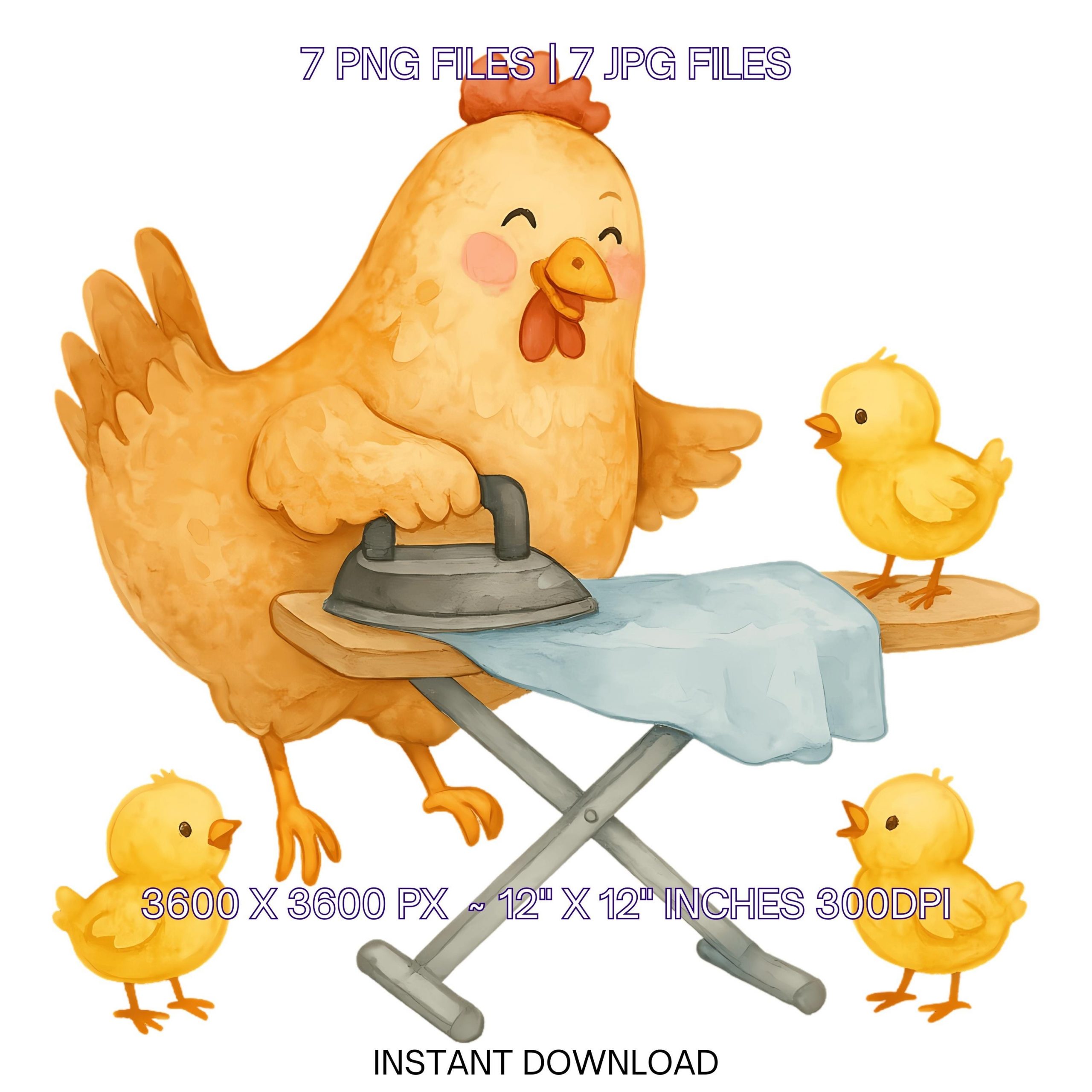 Cute Chicks with Hen Clipart | Frazzled Quirky Whimsical Hen Holds an Iron with Chicks | 7 PNG – 7 JPG Sublimation Commercial Use Farm Life – Instant Digital Download