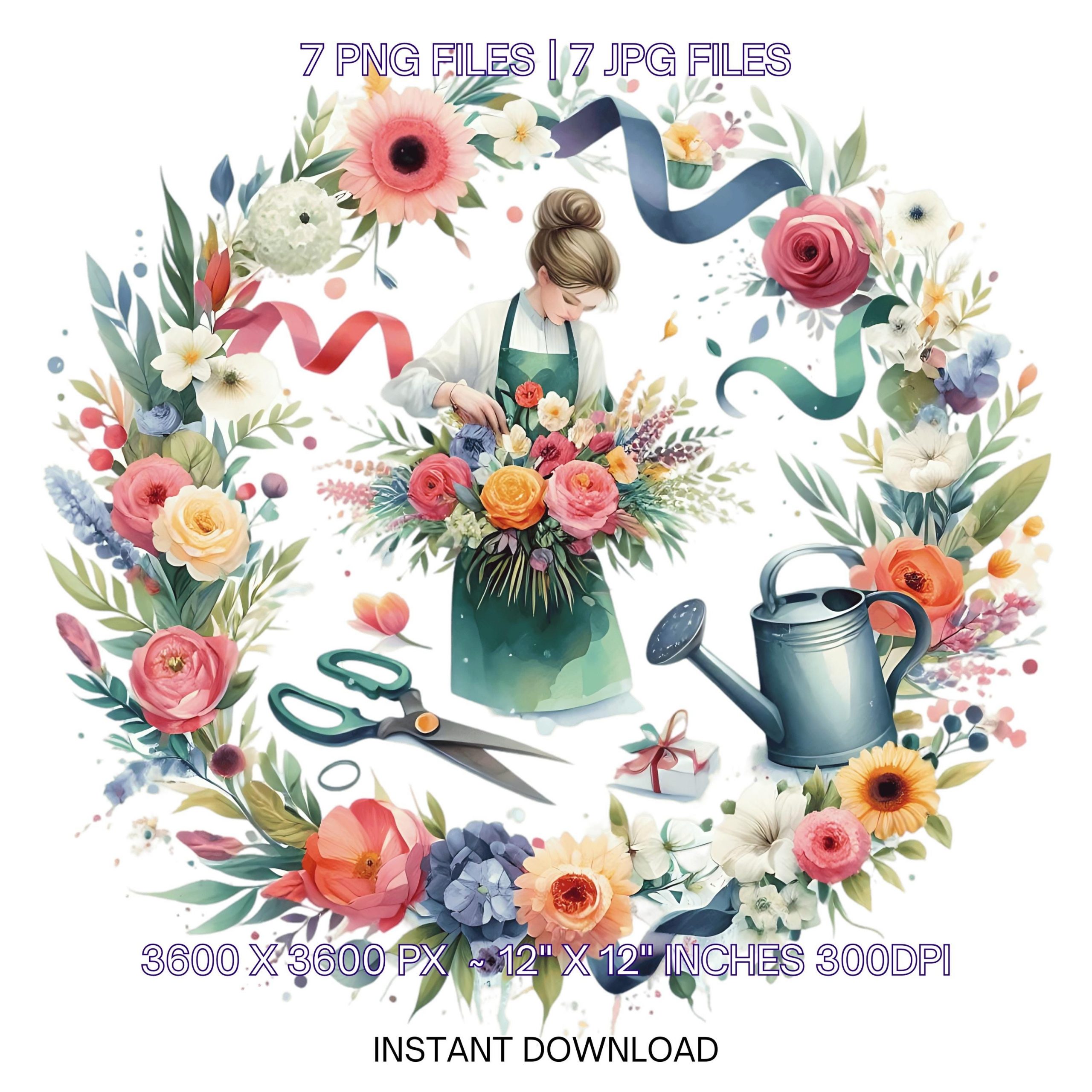 Watercolor Florist PNG Clipart | Florist Profession | Florist Job Illustration Clipart | Florist 7 JPG – 7 PNG Sublimation Commercial Use – Instant Digital Download
