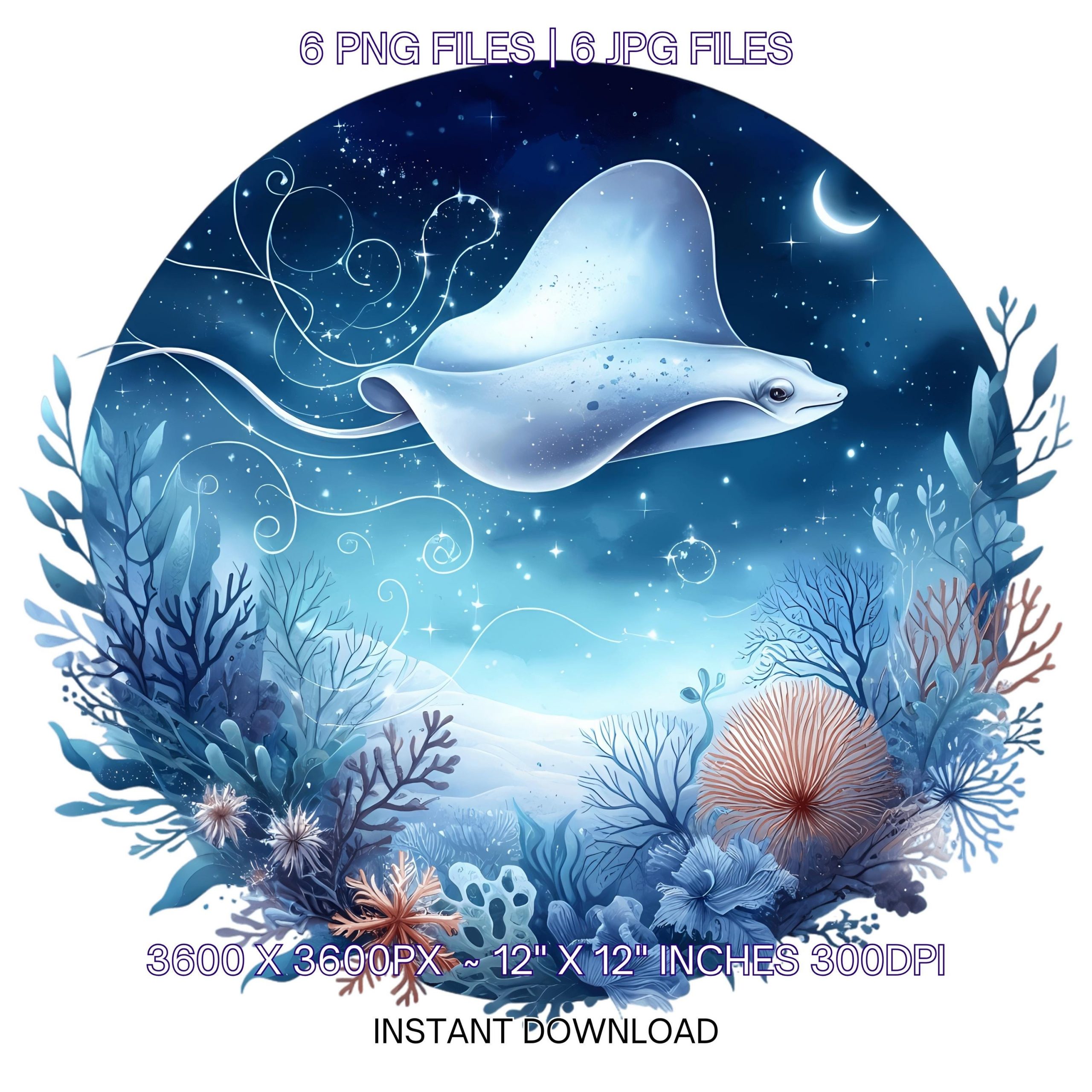 Underwater Ray PNG | 6 Watercolor Ray gliding over a reef bed with floral patterns & trails of sparkles | Sublimation Commercial Use – Instant Digital Download