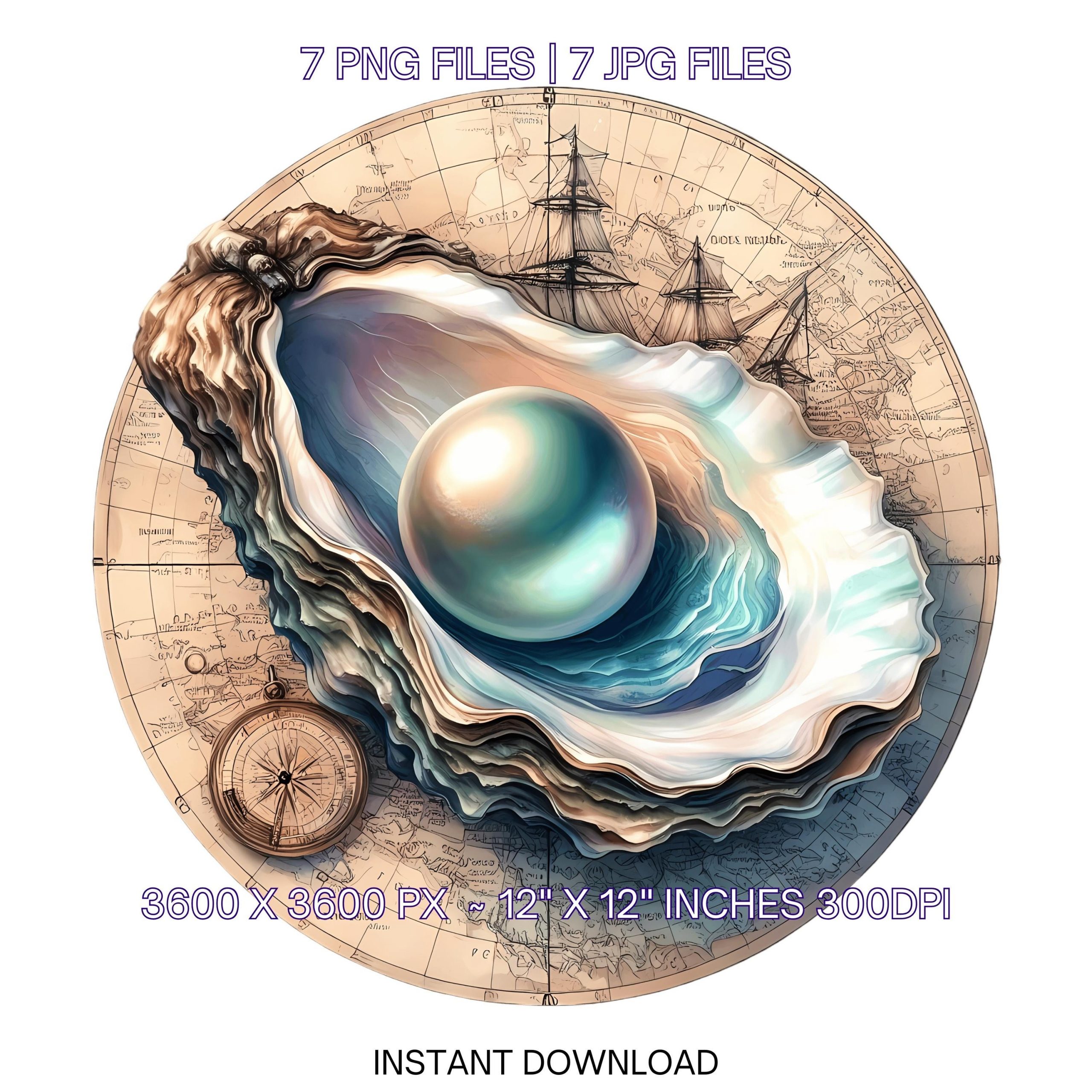 Underwater Oyster Clipart PNG | 7 Watercolor Oyster half-shell with iridescent pearl on a Vintage Maritime Map | Sublimation Commercial Use – Instant Digital Download