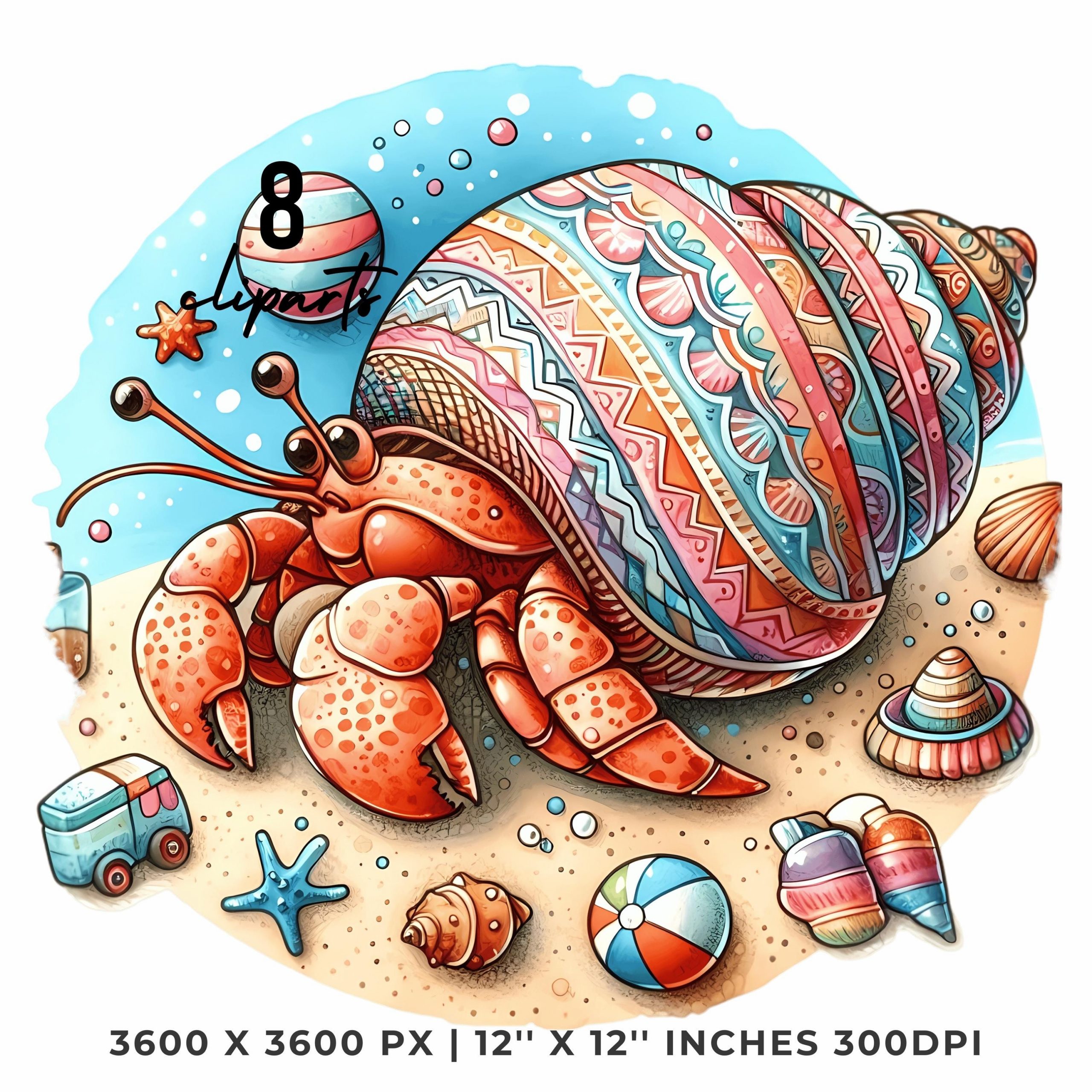 Crab Clipart PNG | 8 Watercolor Hermit Crab in a patterned shell walking on sand with beach toys & seashells | Sublimation Commercial Use – Instant Digital Download