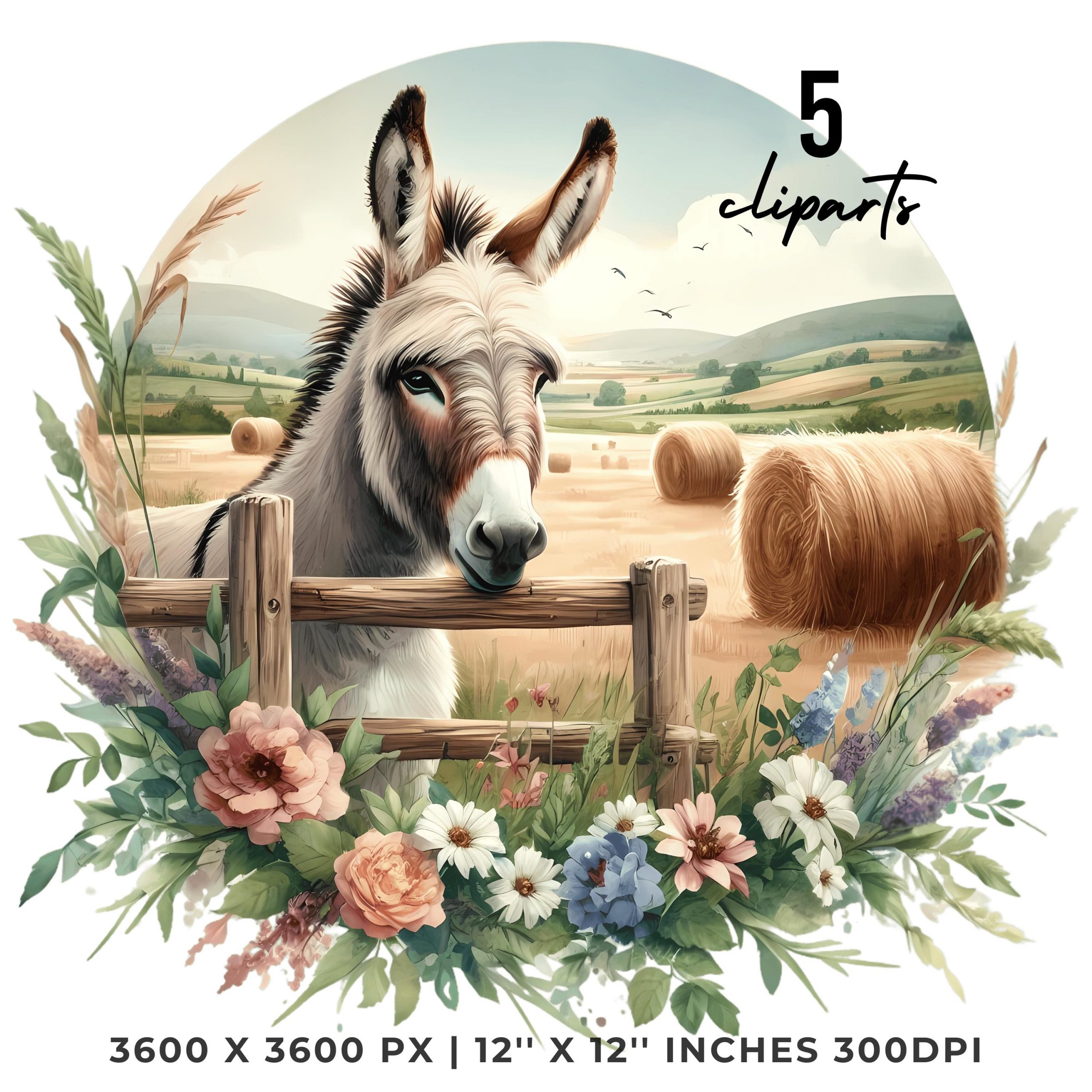 Donkey Clipart PNG | 5 Watercolor Donkey in a field with hay bales, flowers, and wooden fence | Farm Sublimation Transparent Commercial Use – Instant Digital Download