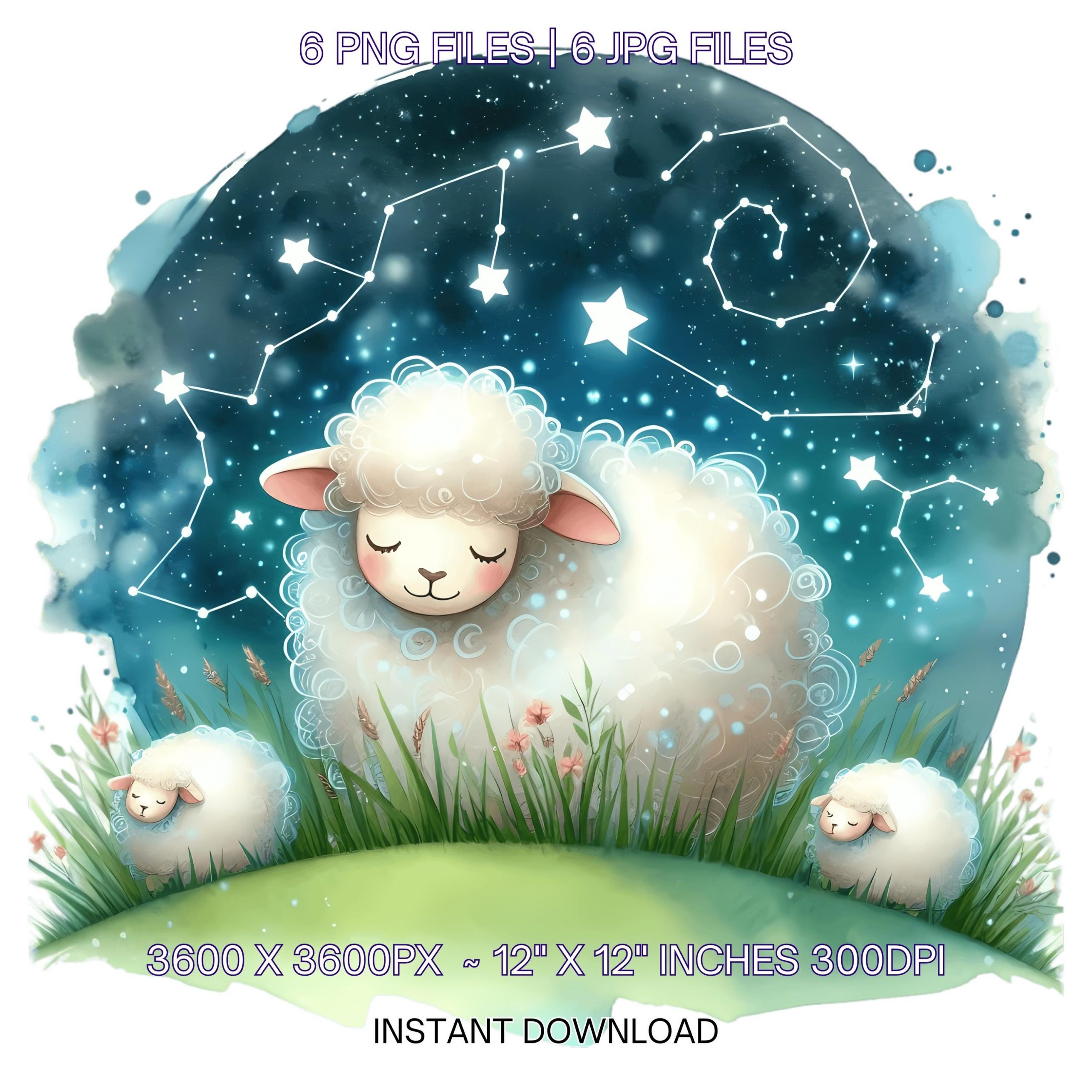 Sheep Clipart PNG | 6 Watercolor Fluffy Sheep under constellations, starry night sky on a grassy hill | Farm Sublimation Commercial Use – Instant Digital Download