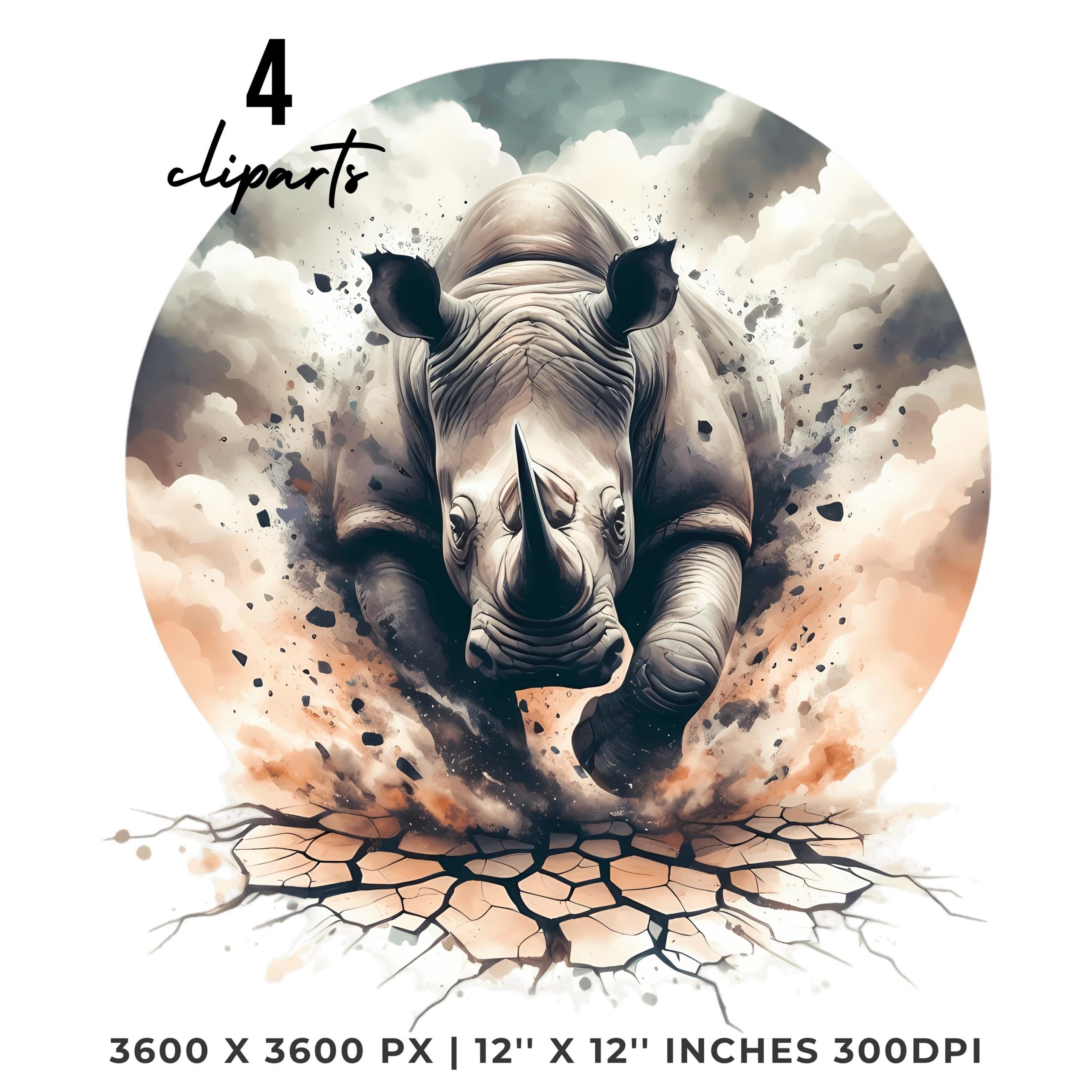 Rhino Clipart PNG | 4 Watercolor Massive Rhino charging through cracked earth with dust clouds and rock  | Wildlife | Commercial Use – Instant Digital Download