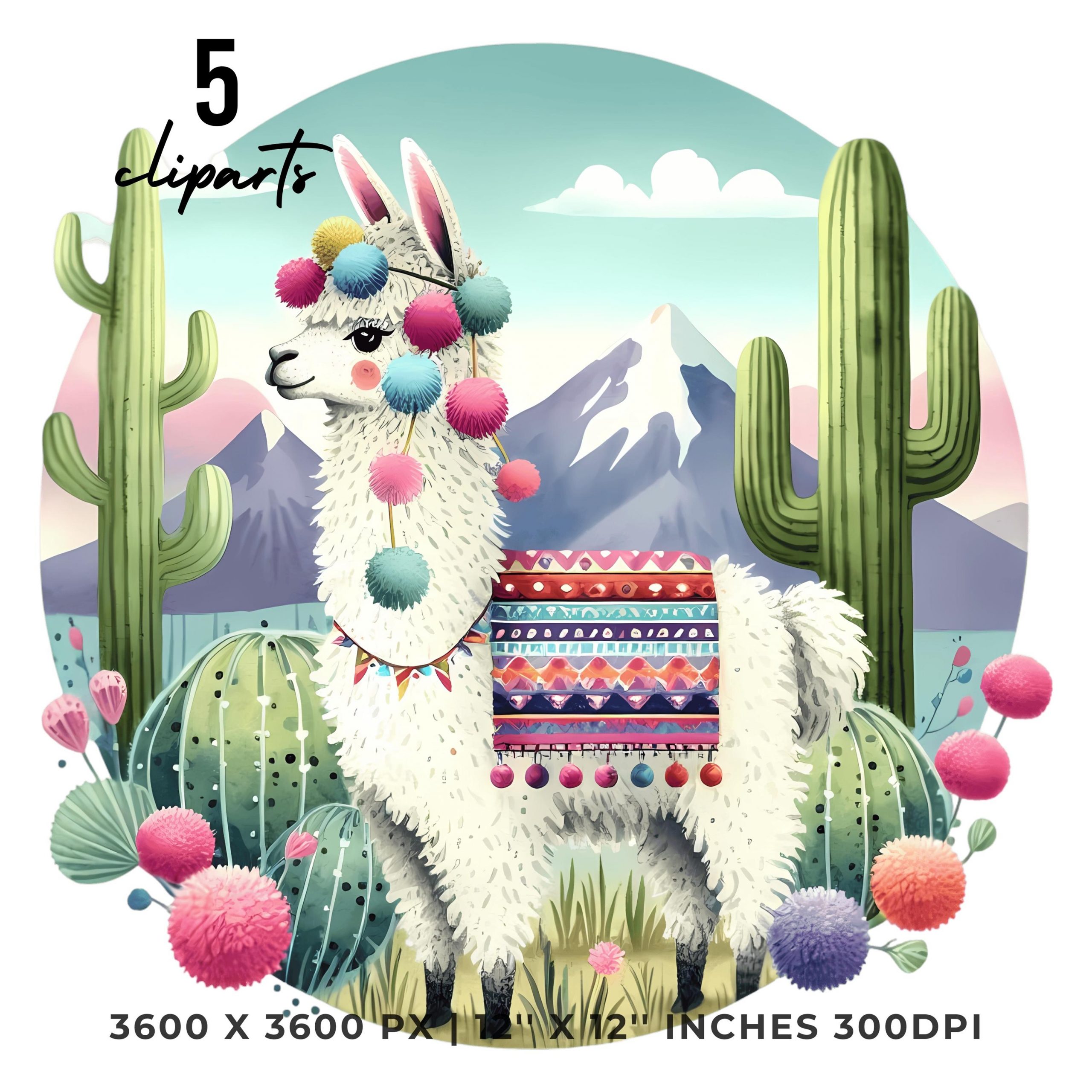Llama Clipart PNG | 5 Watercolor Stylish llama wearing a patterned blanket with pom-poms, cacti, and mountains | Sublimation Commercial Use – Instant Digital Download