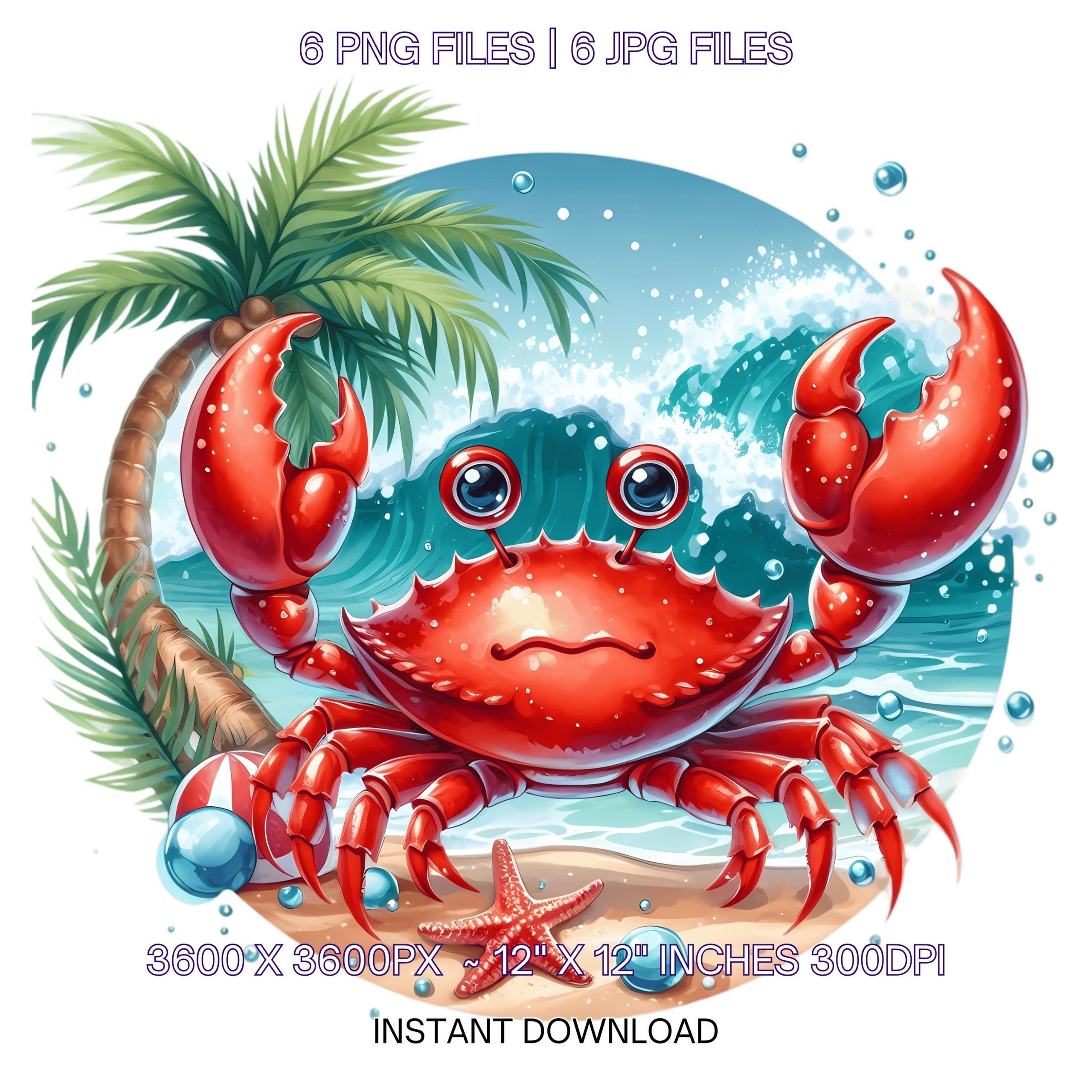 Red Crab Clipart PNG | 6 Watercolor Red Crab with Claws Waving, Tropical Shore, Palm Leaves & Beach | Underwater Sublimation Commercial Use – Instant Digital Download