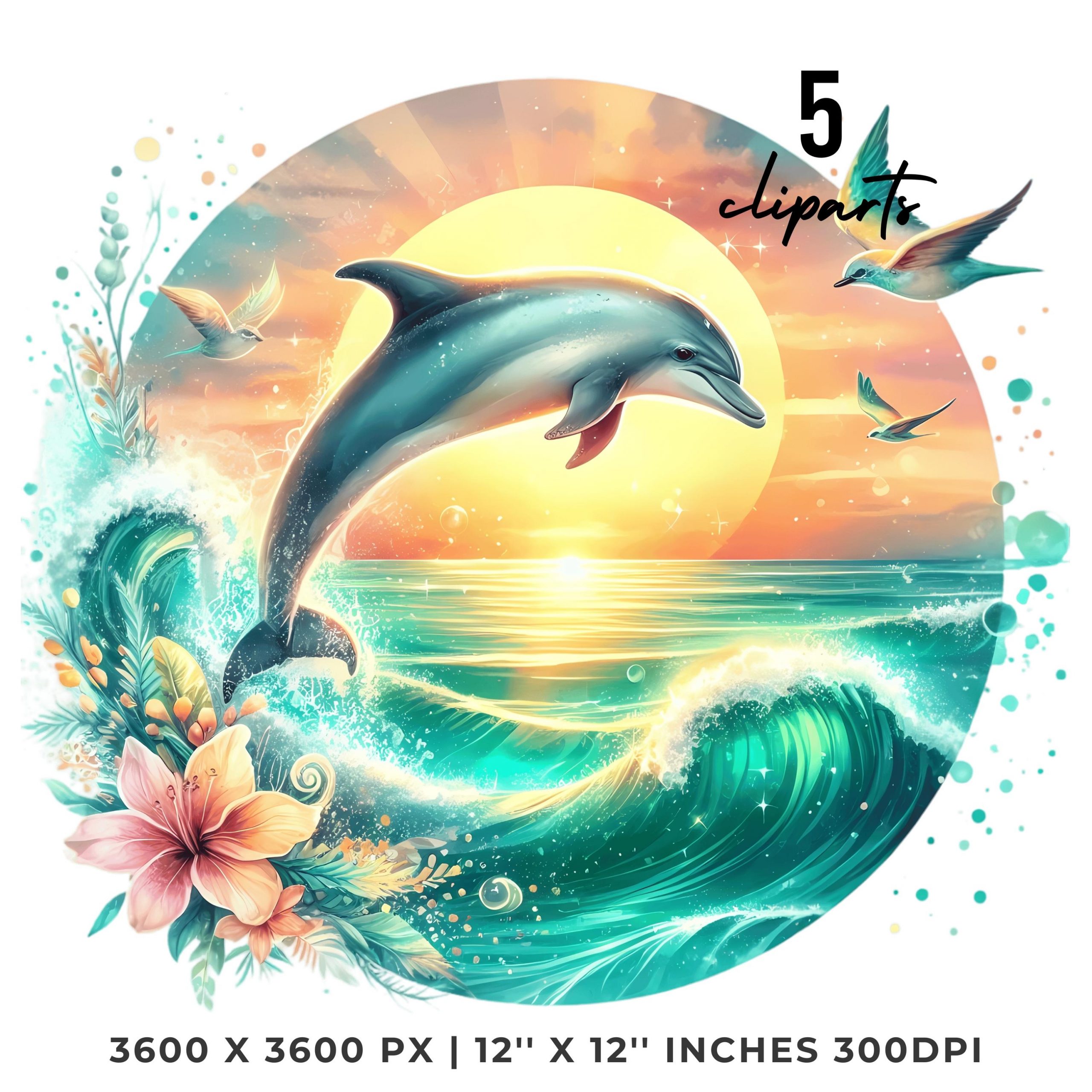Dolphin Clipart PNG | 5 Watercolor Graceful Dolphin in Turquoise Waves at Sunset, Sparkles & Tropical Birds | Underwater Commercial Use – Instant Digital Download