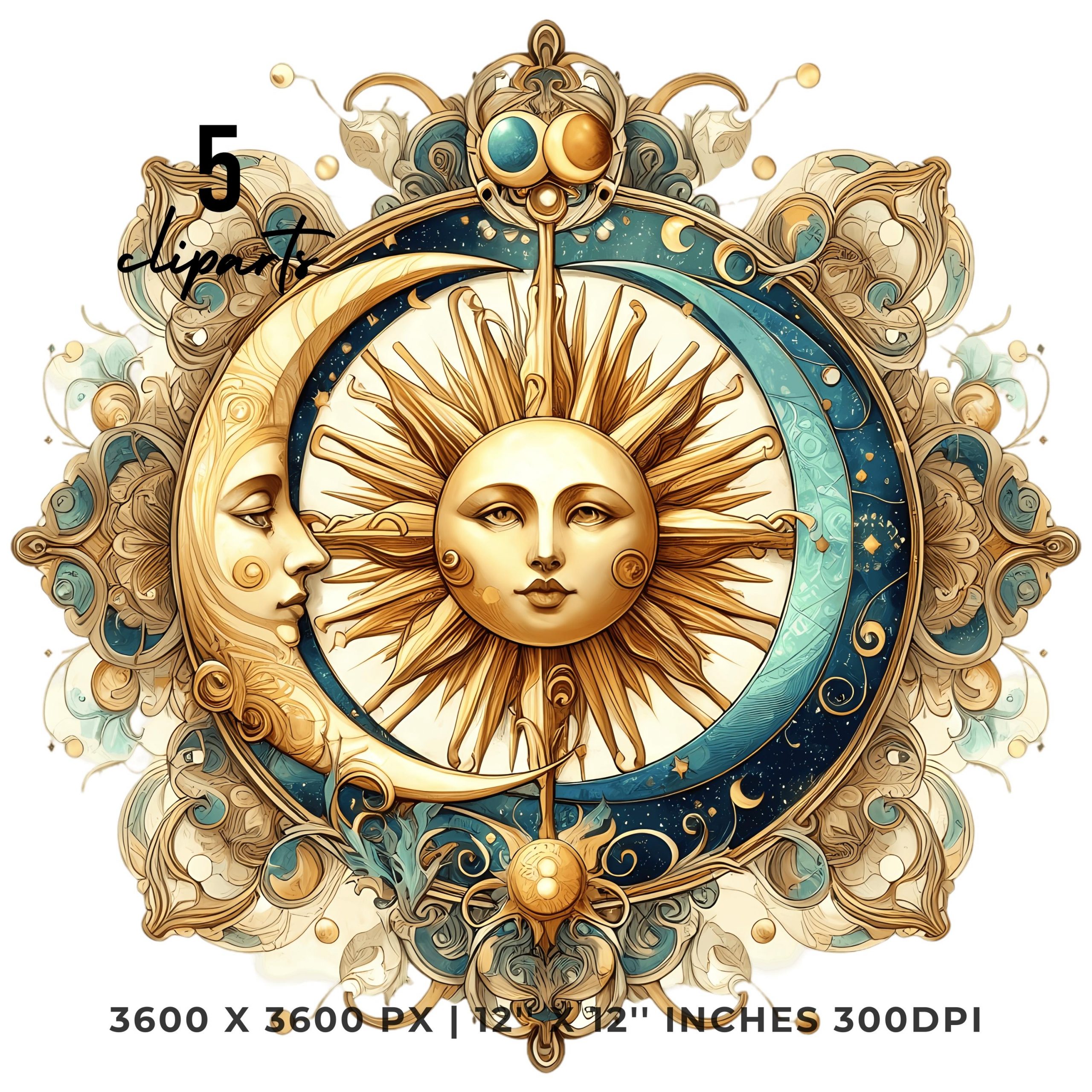 Art Nouveau Celestial Sun and Moon PNG Clipart | Art Nouveau Watercolor Illustration Clipart | 5 JPG – 5 PNG Sublimation Commercial Use – Instant Digital Download