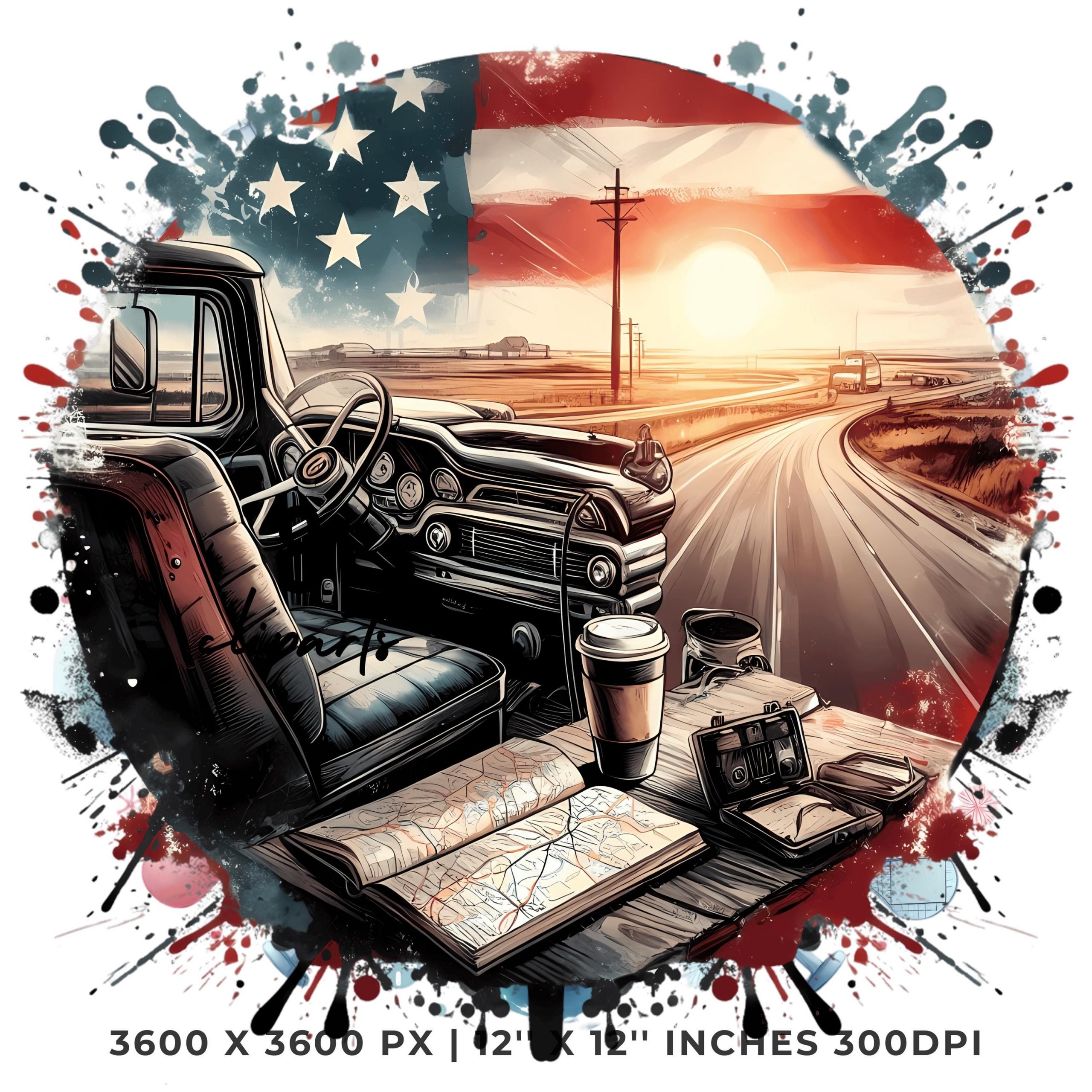 Vintage Truck Driver PNG Clipart | Vintage Truck | Watercolor US Flag Vintage Truck Illustration | 8 PNG – 8 jpg Sublimation Commercial Use – Instant Digital Download