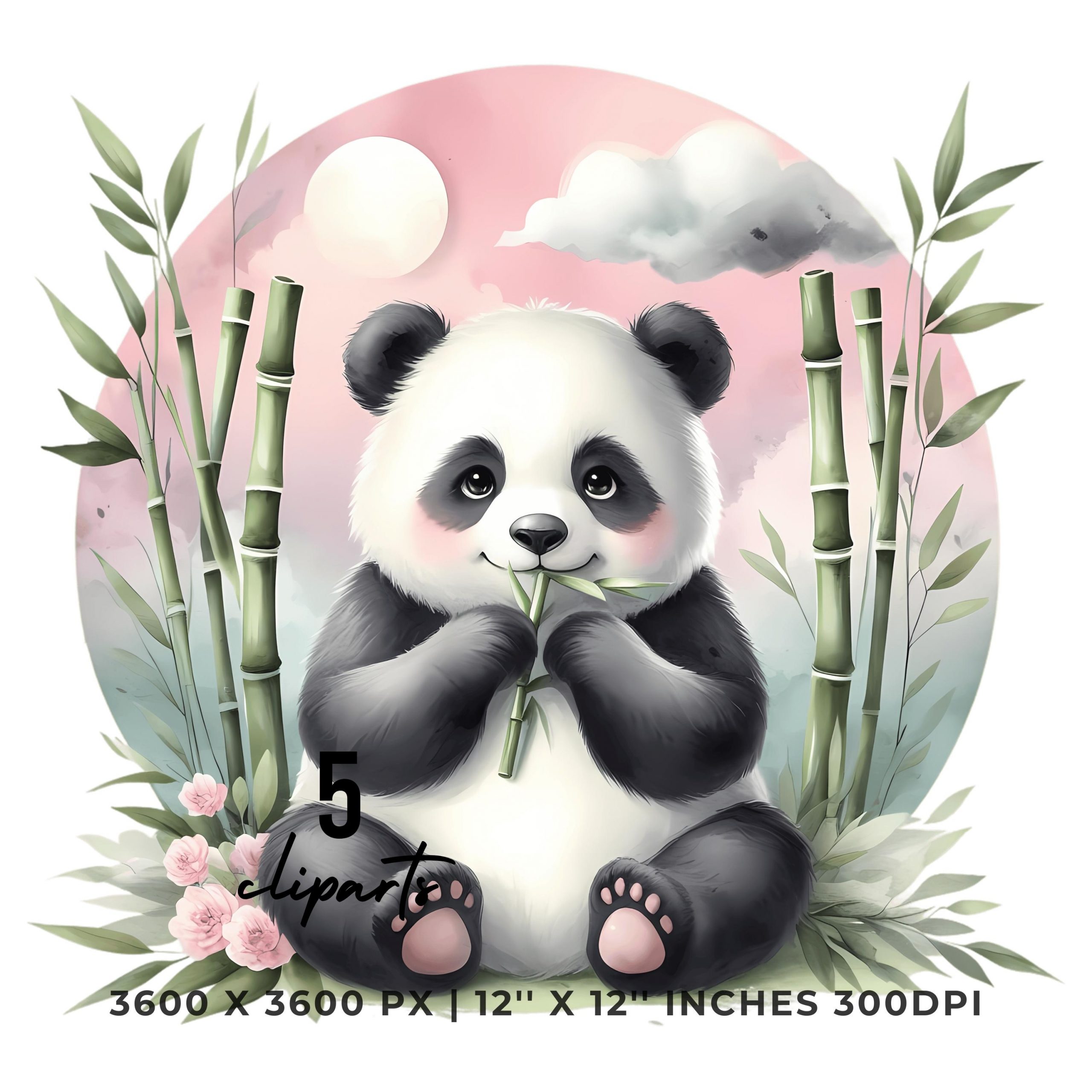 Panda Clipart PNG | 5 Watercolor Adorable Panda sitting Peacefully eating Bamboo | Sublimation Transparent Commercial Use – Instant Digital Download