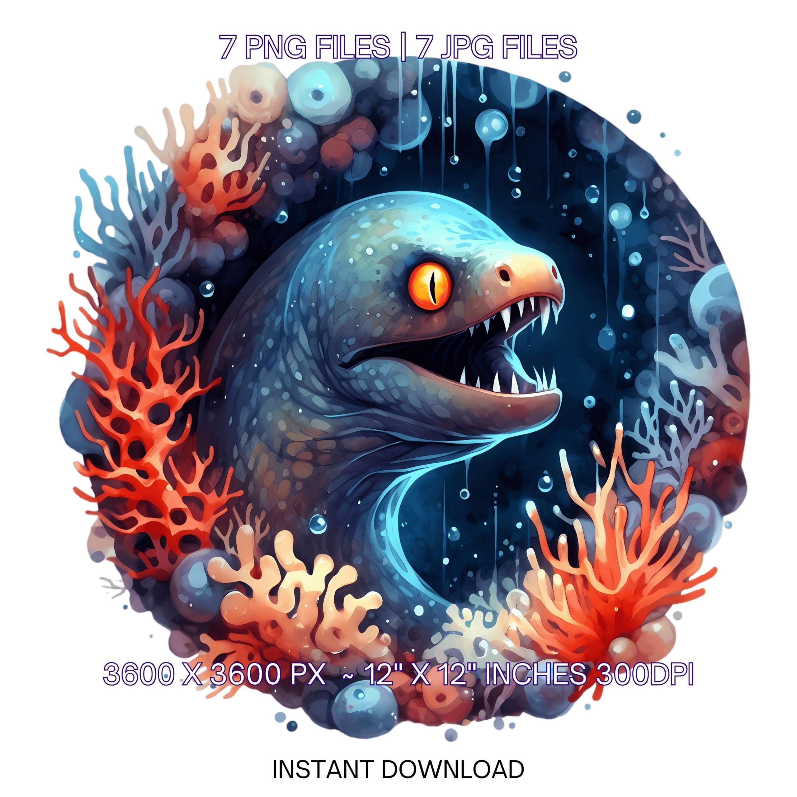 Moray Eel Clipart PNG | 7 Watercolor Sly Moray eel peeking from a coral crevice with sharp teeth & yellow eyes | Sublimation Commercial Use – Instant Digital Download