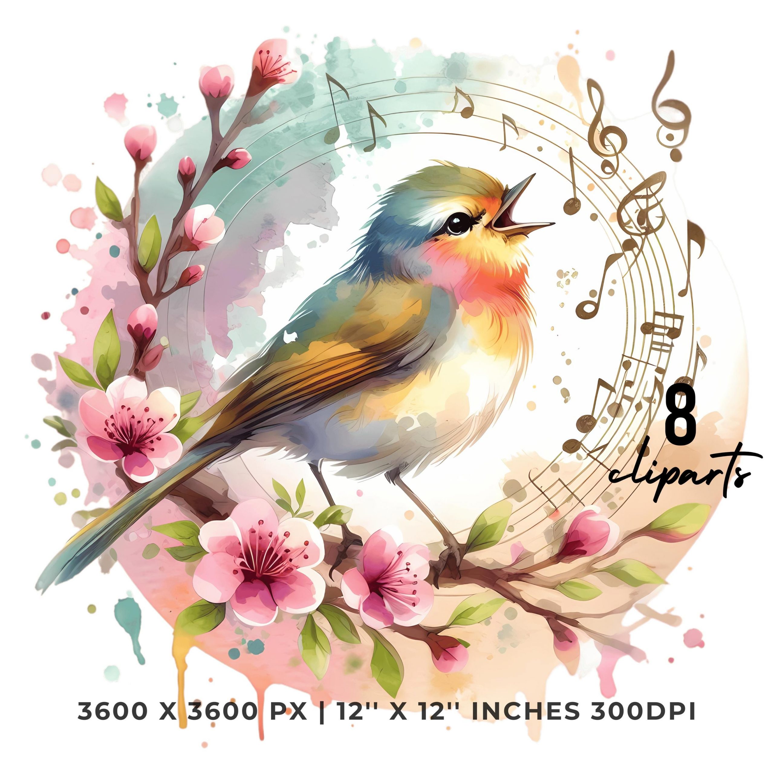 Songbird Clipart PNG | 8 Watercolor Bright and cheerful songbird perched on a blooming branch & music notes | Sublimation Commercial Use – Instant Digital Download