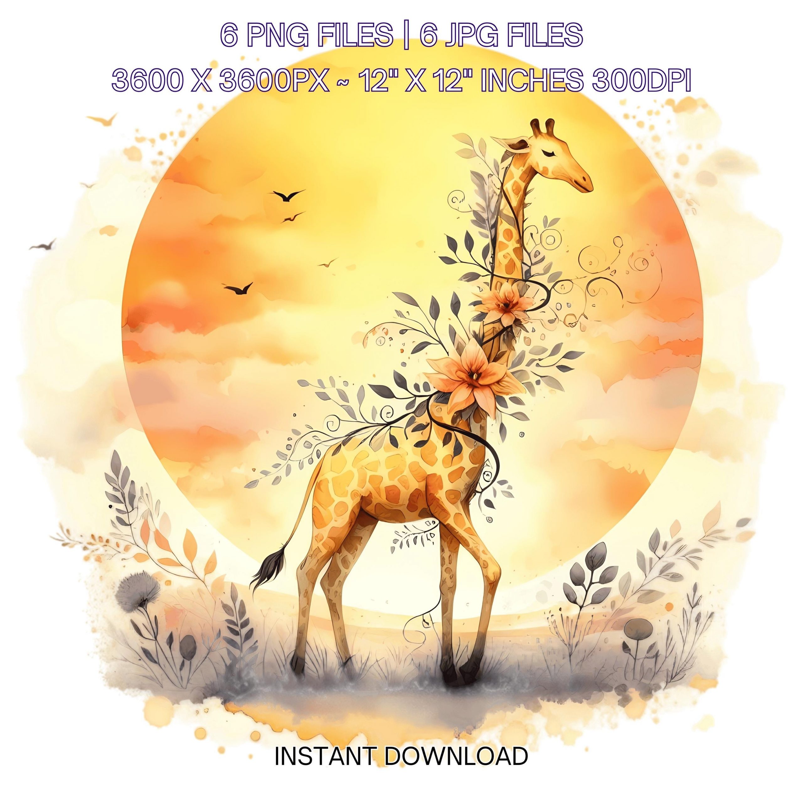 Giraffe Clipart PNG | 6 Watercolor Stylized giraffe with neck wrapped in flowers and vines, & sunset savanna | Sublimation Commercial Use – Instant Digital Download