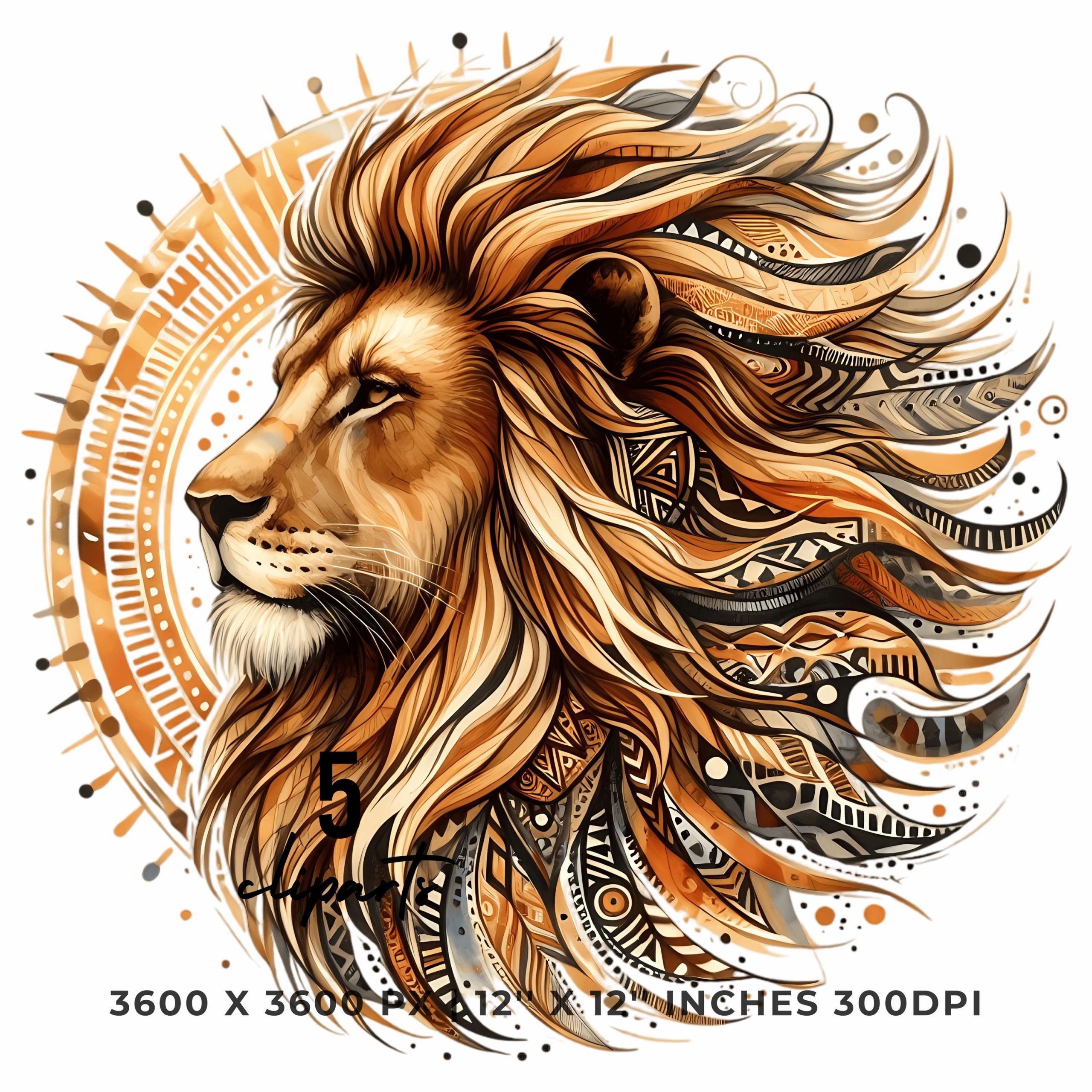 Lion Clipart PNG | 5 Watercolor Majestic lion portrait with flowing golden mane, tribal and sun rays background | Sublimation Commercial Use – Instant Digital Download