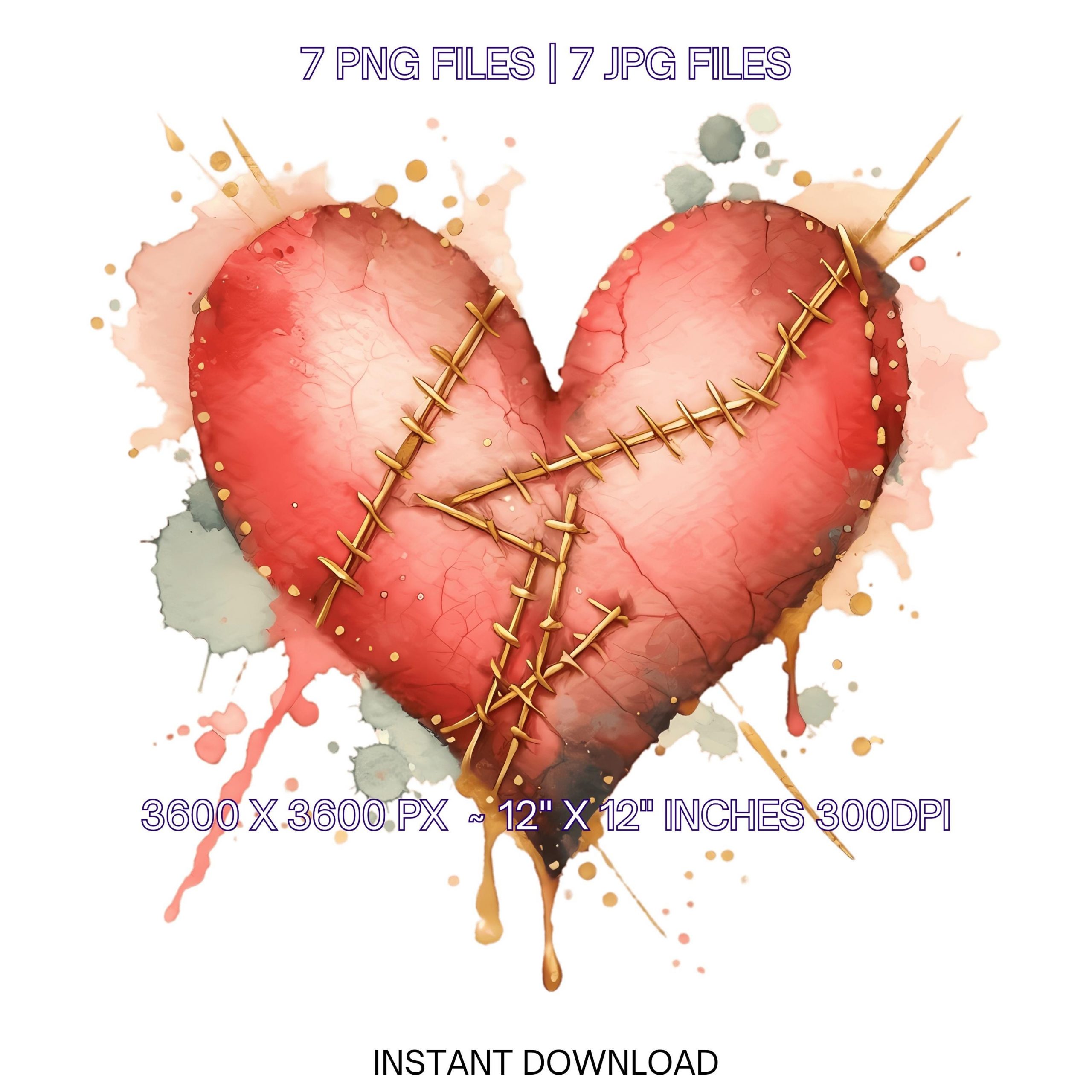 Broken Heart PNG Clipart | Watercolor Broken Heart Stitched with Golden Thread | Heart Illustration 7 JPG – 7 PNG Sublimation Commercial Use – Instant Digital Download