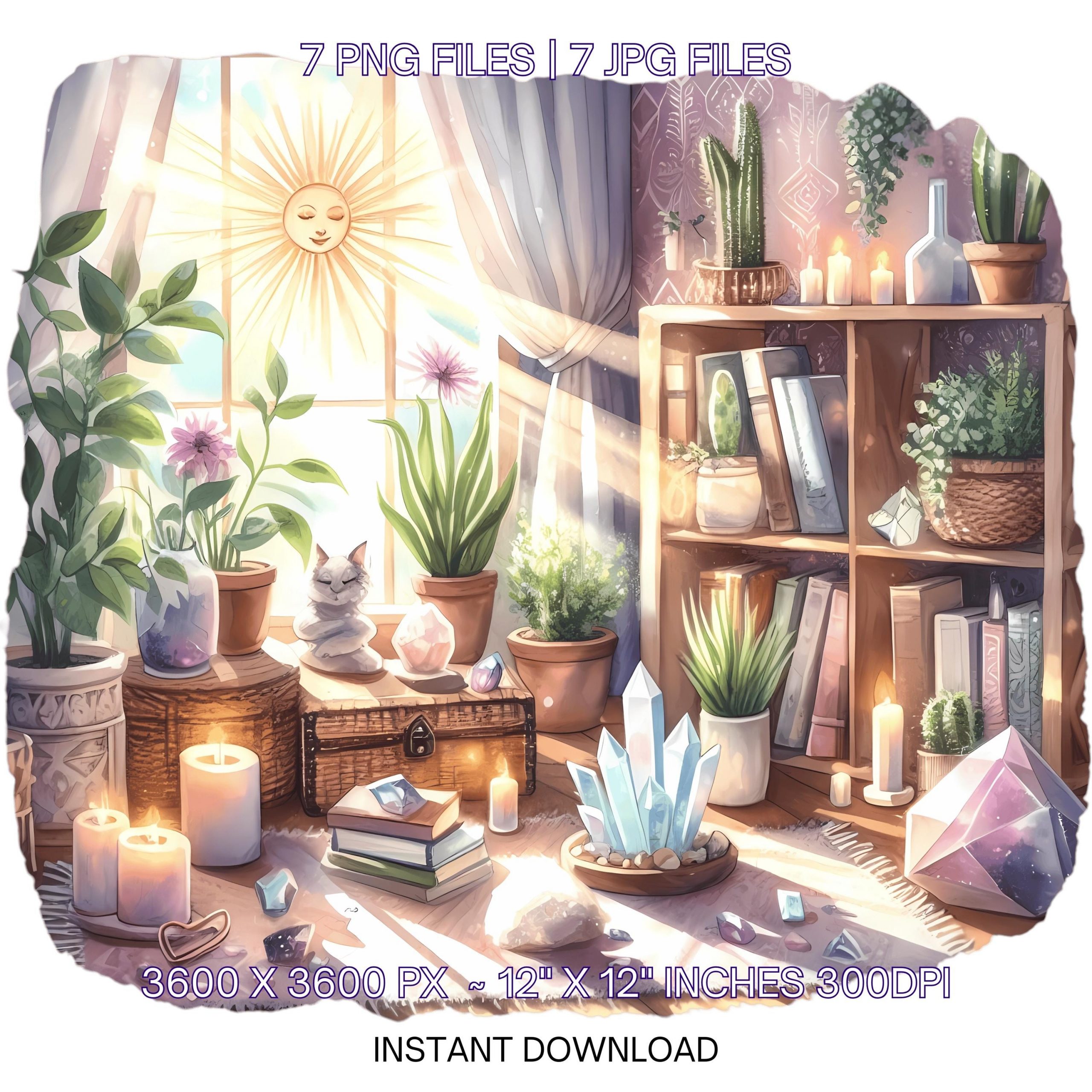 Cozy Room with Plants PNG Clipart | Watercolor Cozy Room with Plants | Watercolor Illustration | 7 JPG – 7 PNG Sublimation Commercial Use – Instant Digital Download