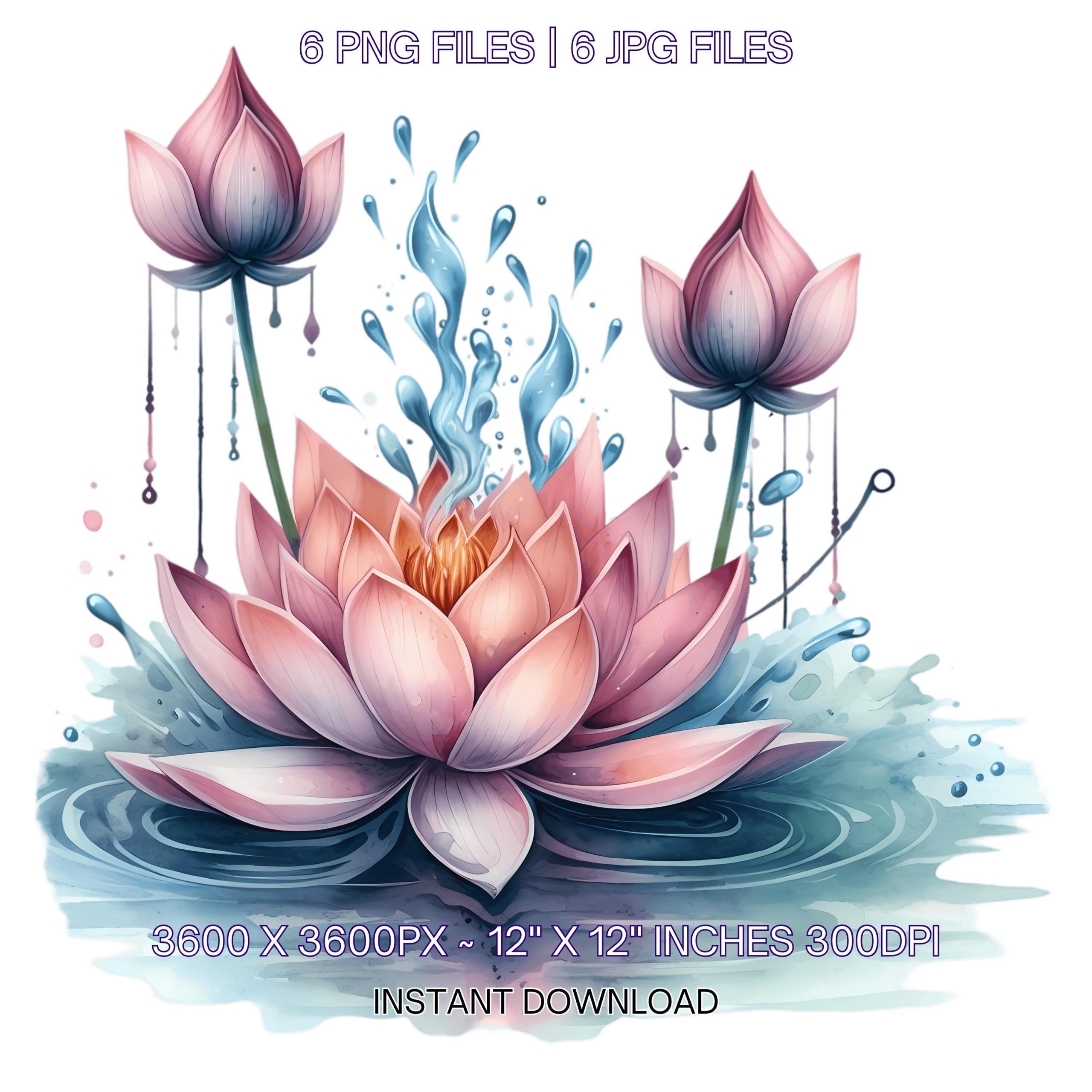 Lotus PNG Clipart | Watercolor Lotus floating on gentle water | Watercolor Illustration Clipart | 6 JPG – 6 PNG Sublimation Commercial Use – Instant Digital Download