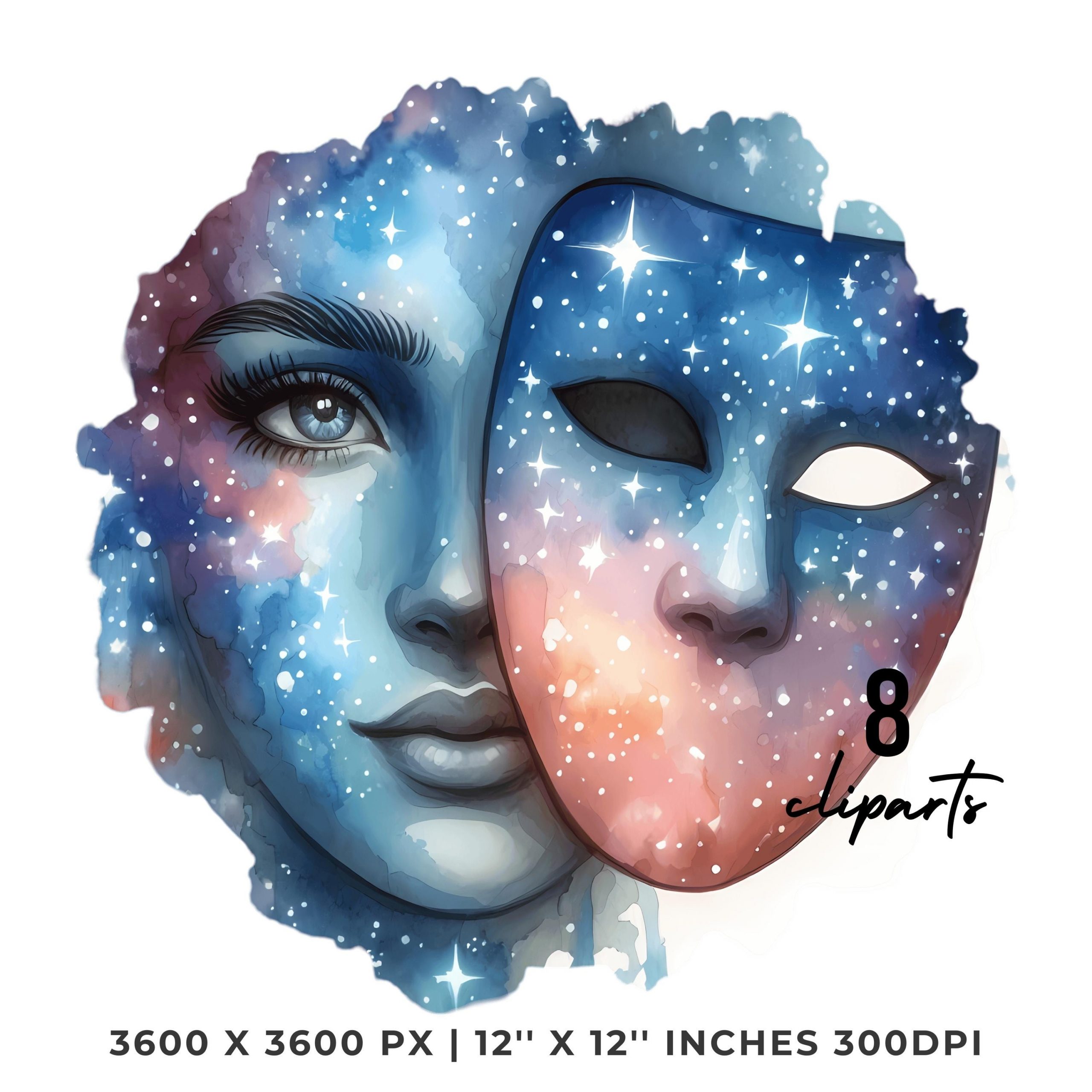 Unmasked face revealing PNG Clipart | Unmasked Face Revealing Stars Underneath  | Watercolor Illustration 8 JPG – 8 PNG Commercial Use – Instant Digital Download
