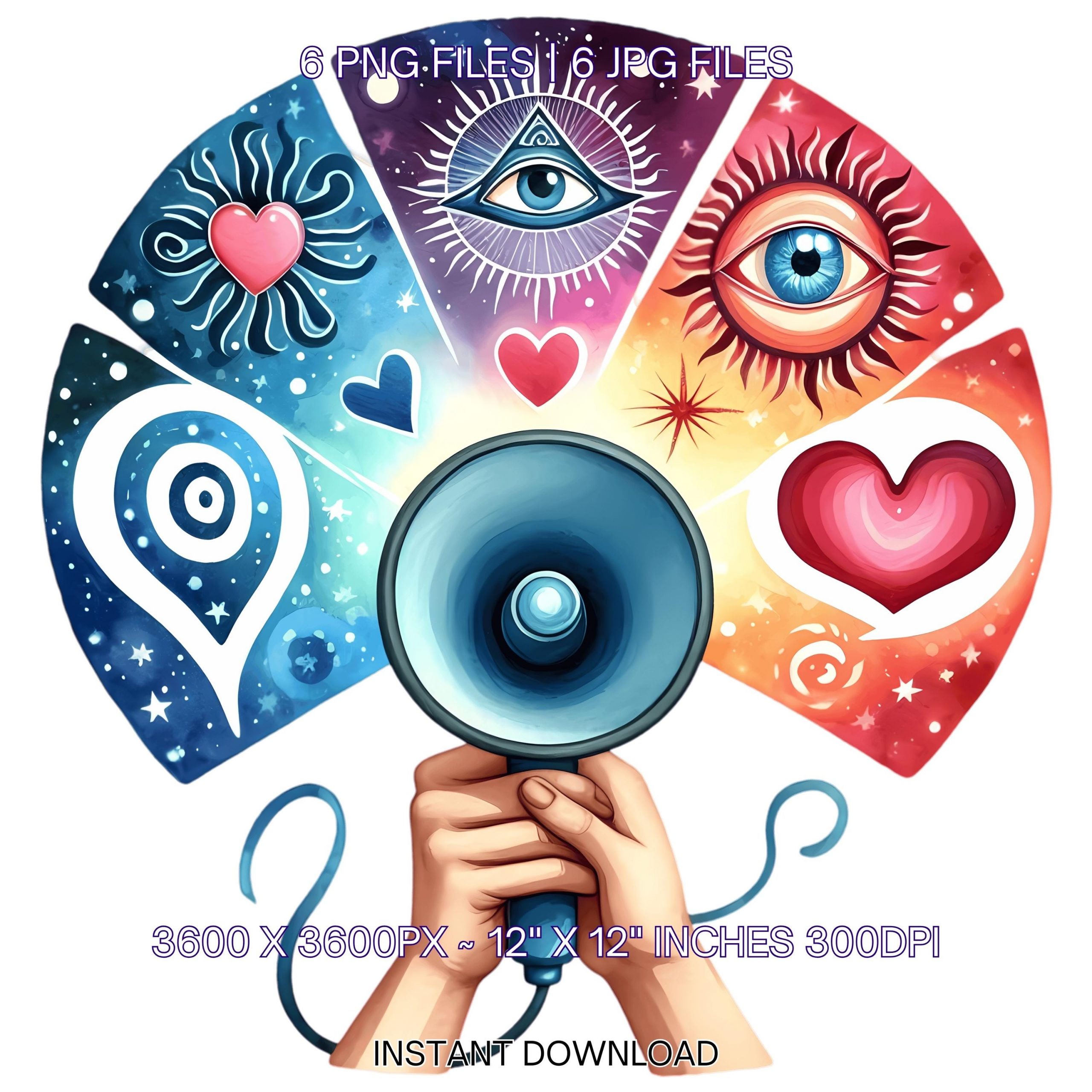 Hands PNG Clipart | Hands holding megaphone with spiritual symbols | Watercolor Illustration 6 JPG – 6 PNG Sublimation Commercial Use – Instant Digital Download