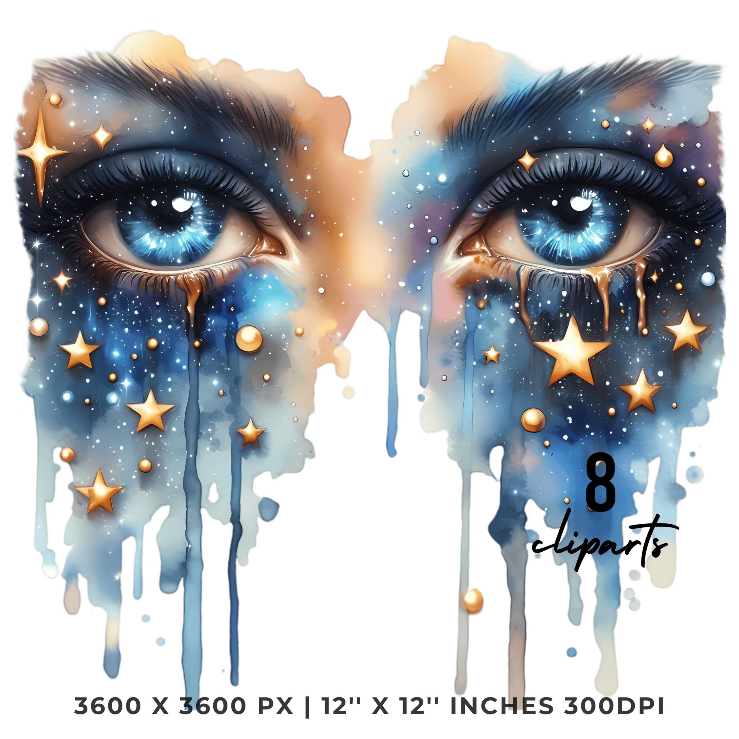 Eyes in Tears PNG Clipart | Eyes with Tears Transforming into Stars | Watercolor Illustration 8 JPG – 8 PNG Sublimation Commercial Use – Instant Digital Download