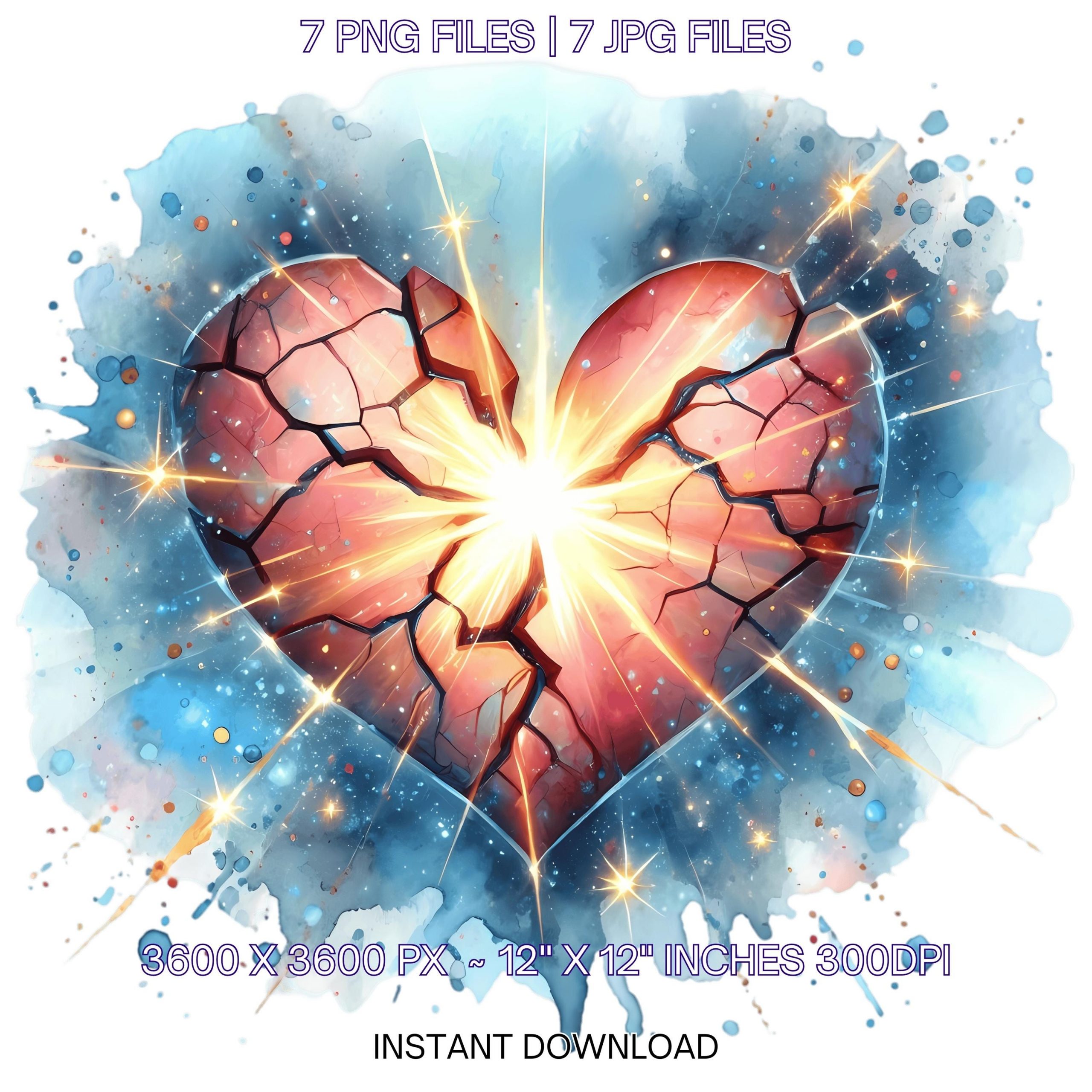 Heart Cracked but Glowing PNG Clipart | Watercolor Heart Cracked | Heart Illustration Clipart | 7 JPG – 7 PNG Sublimation Commercial Use – Instant Digital Download