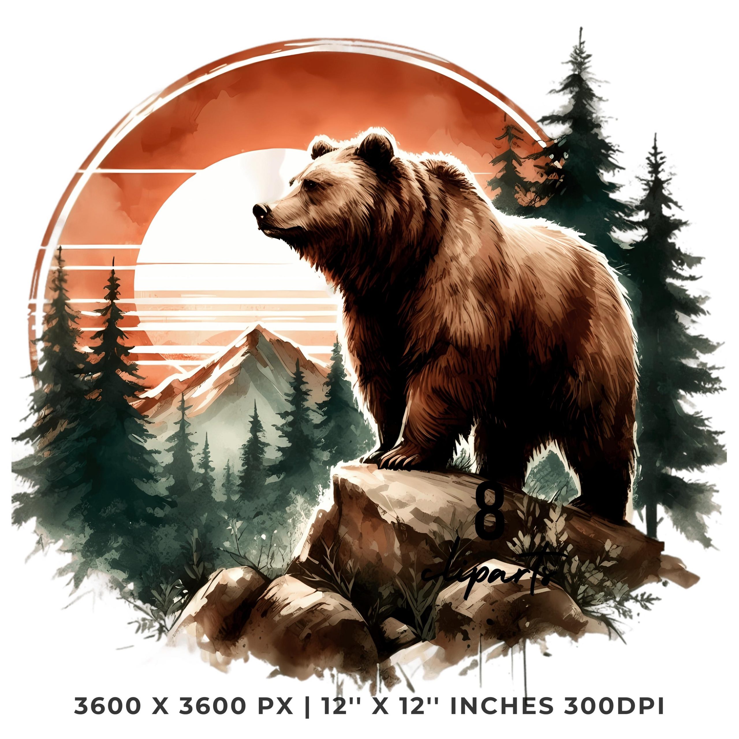 Bear Clipart PNG | 8 Watercolor Powerful Bear on Rocky Mountain, pine trees & a sunset | Bear in Forest Clipart | Sublimation Commercial Use – Instant Digital Download