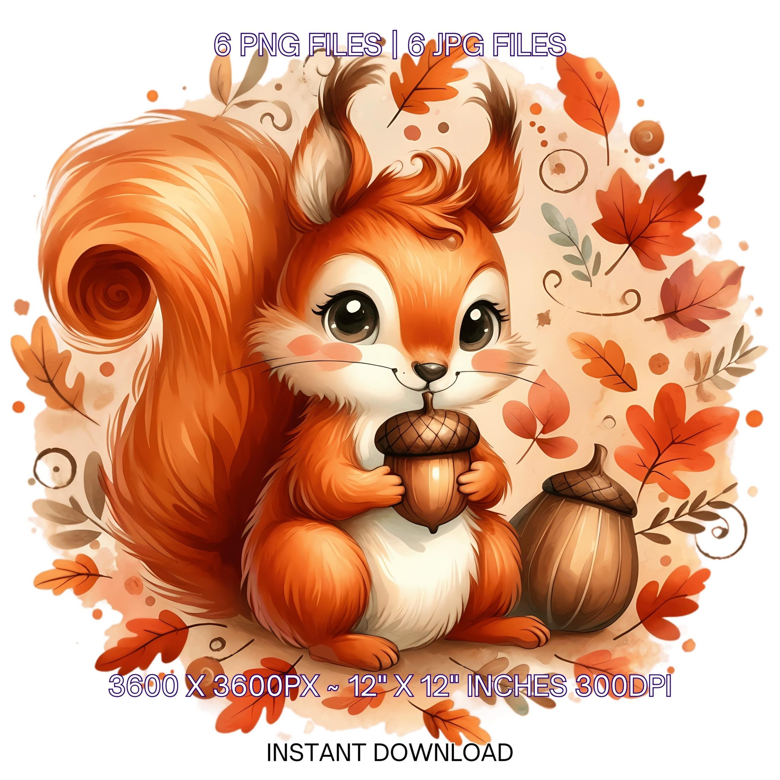 Squirrel Clipart PNG | 6 Watercolor Cute Squirrel holding an acorn & autumn leaves swirling around, cozy forest | Sublimation Commercial Use – Instant Digital Download