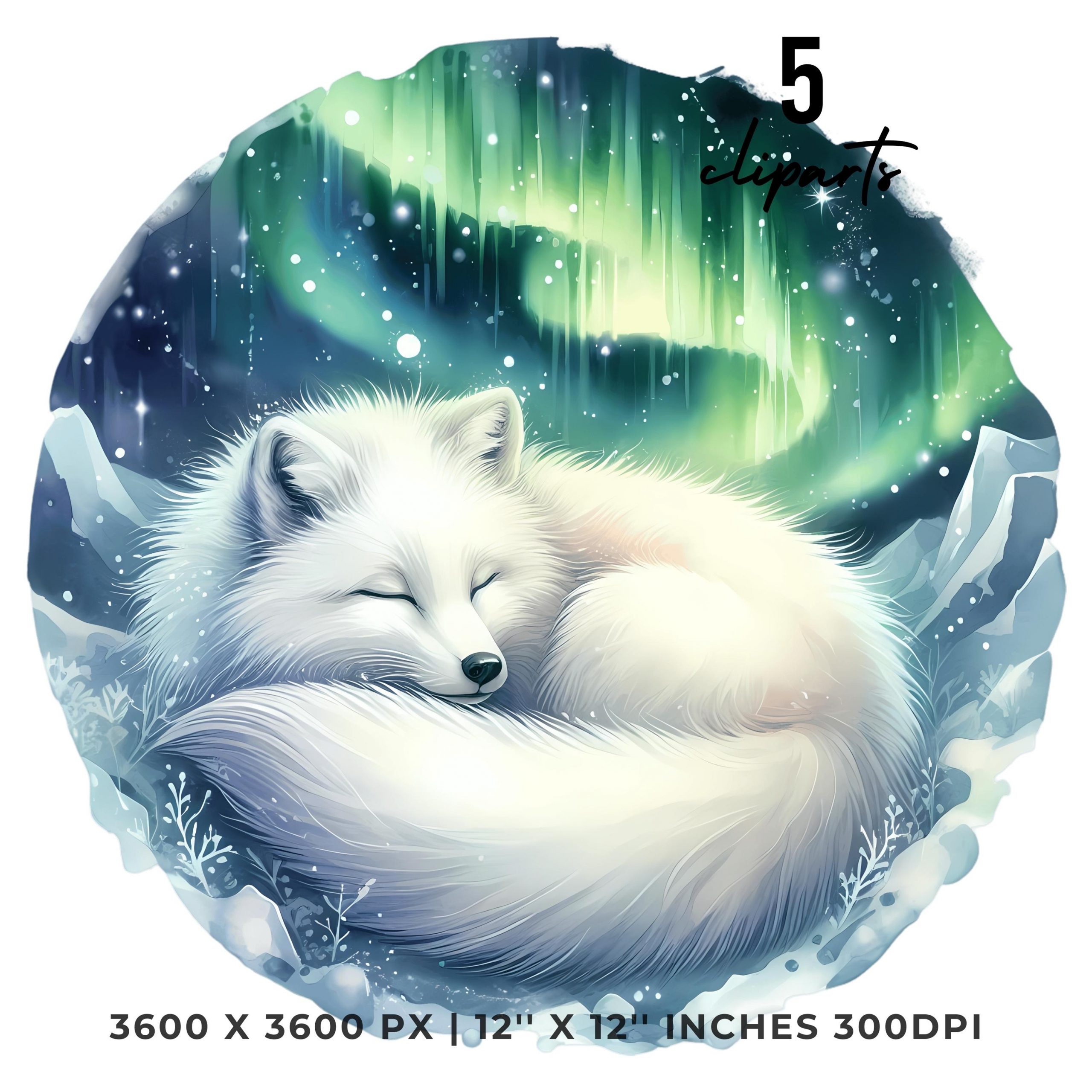 Arctic Fox Clipart PNG | 5 Watercolor Snow-white arctic fox in a Snowbank, Northern Lights, soft glowing fur | Sublimation Commercial Use – Instant Digital Download