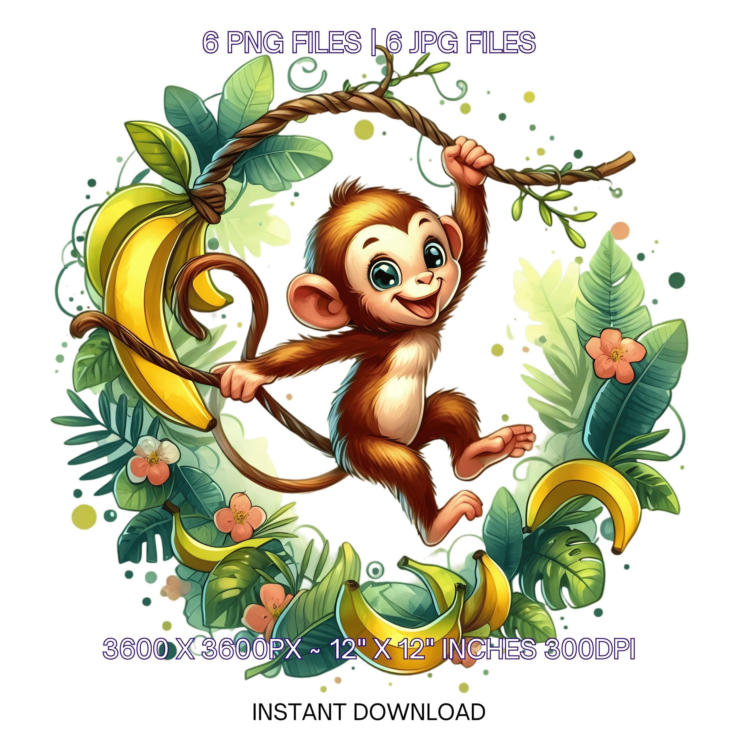 Monkey Clipart PNG | 6 Watercolor Cheeky Monkey swinging on a vine, bananas & tropical leaves | Jungle Clipart | Sublimation Commercial Use – Instant Digital Download