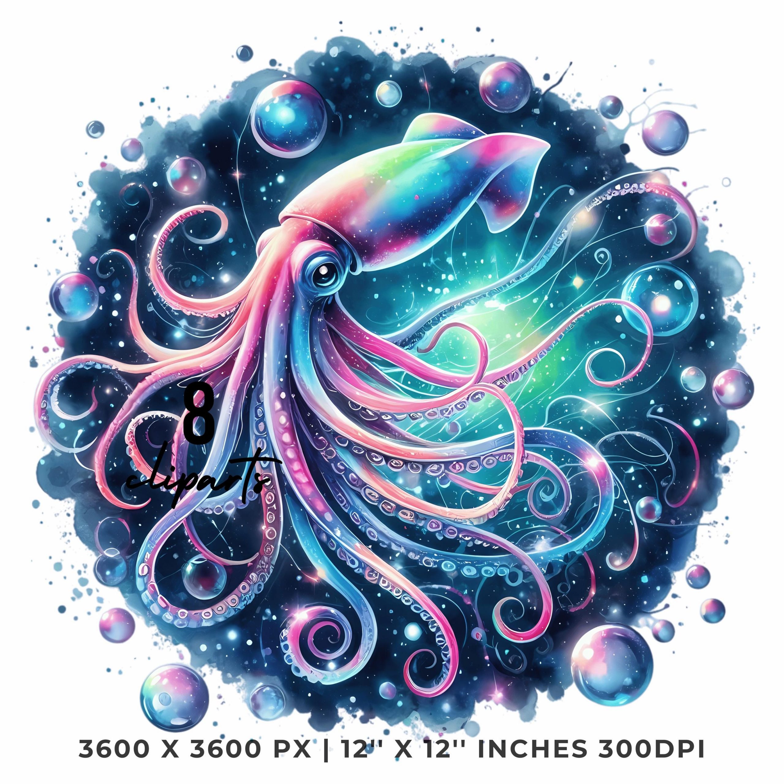 Squid Clipart PNG | 8 Watercolor Glowing Deep-sea squid, long tentacles spiraling in neon hues & bubbles | Sublimation Commercial Use – Instant Digital Download