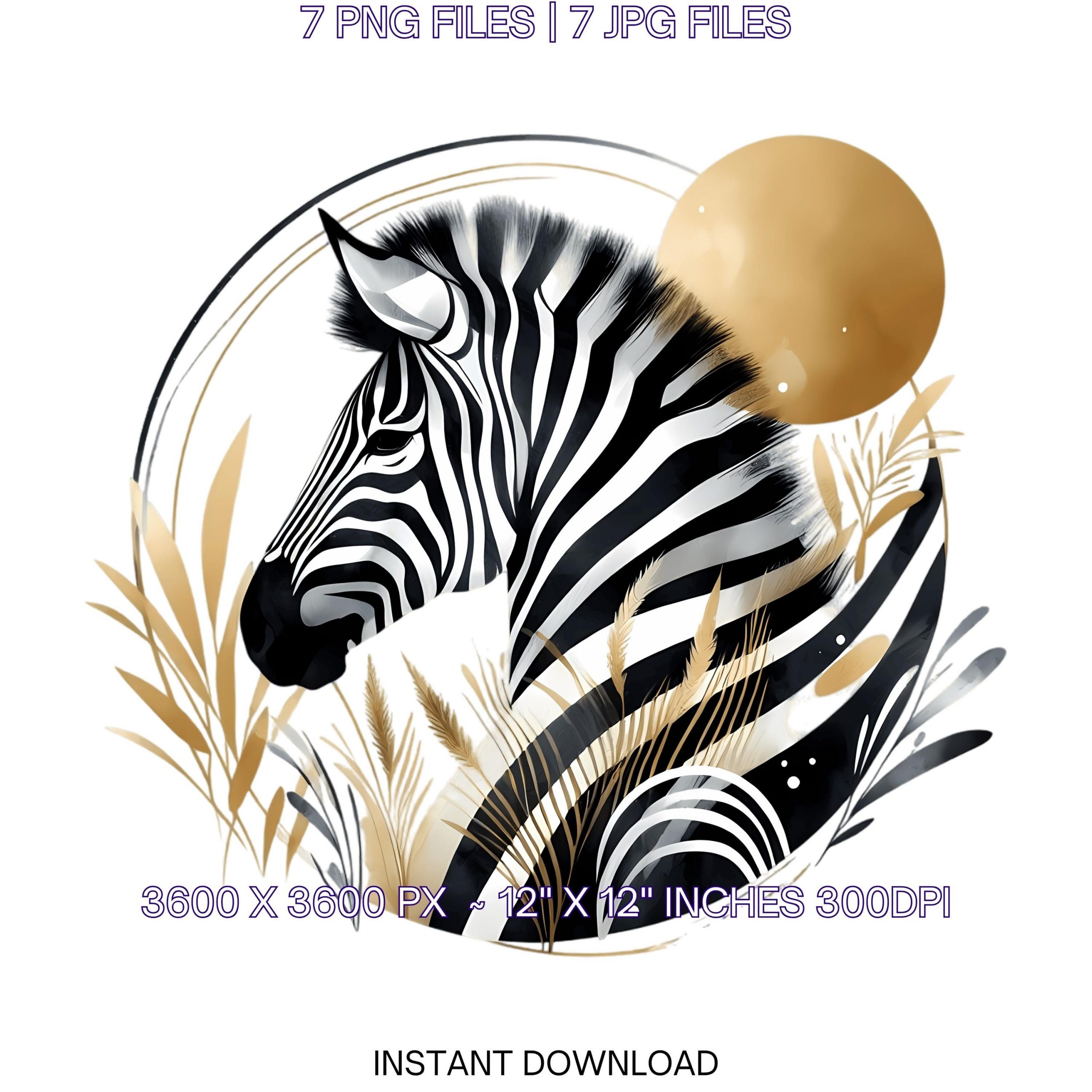 Zebra Clipart PNG | 7 Watercolor Elegant Zebra in Black-and-white stripes, tribal patterns & Savanna Grasses | Sublimation Commercial Use – Instant Digital Download