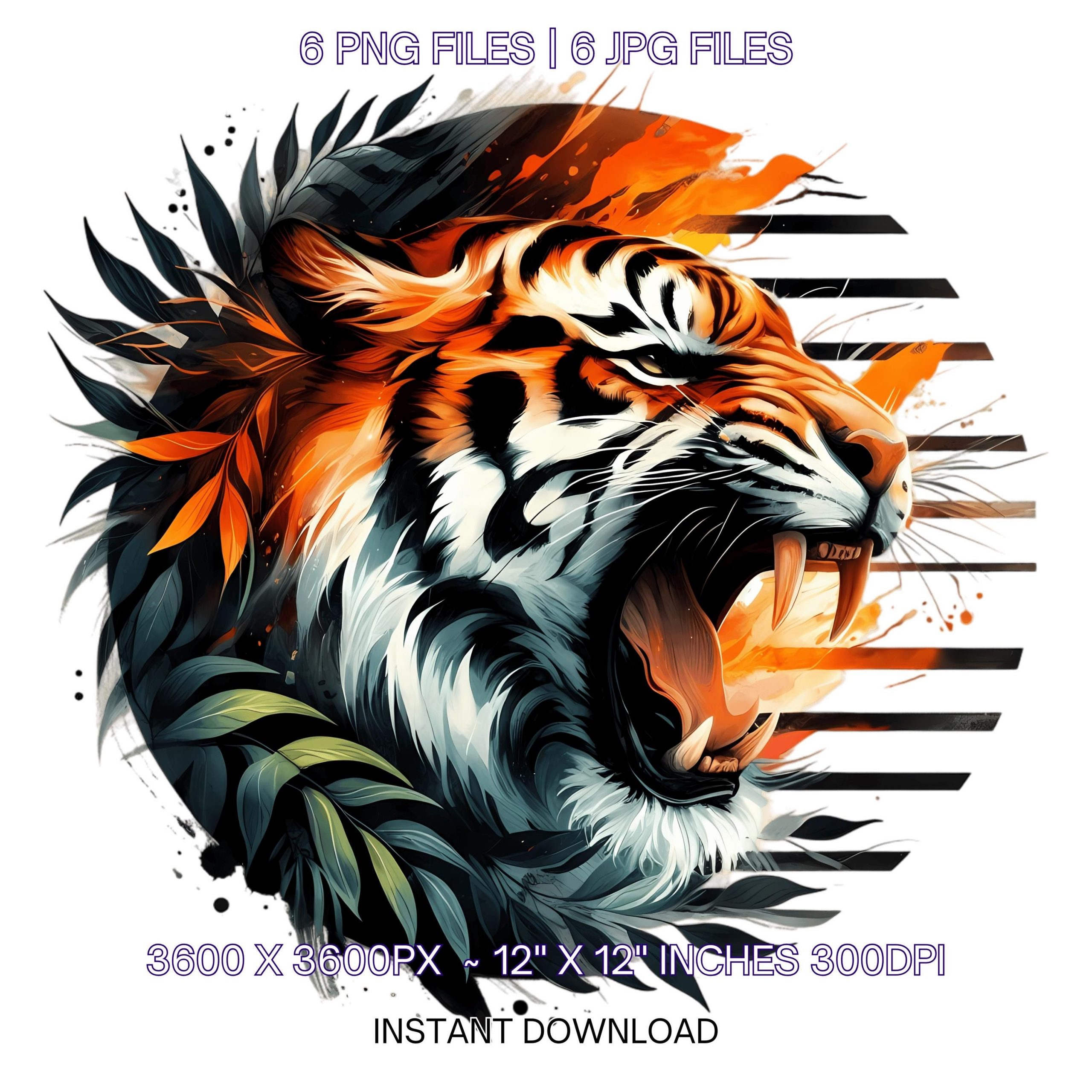Tiger Clipart PNG | 6 Watercolor Fierce Roar Tiger with Jungle leaves | Powerful Energy Tiger  | Savanna Tiger | Sublimation Commercial Use – Instant Digital Download