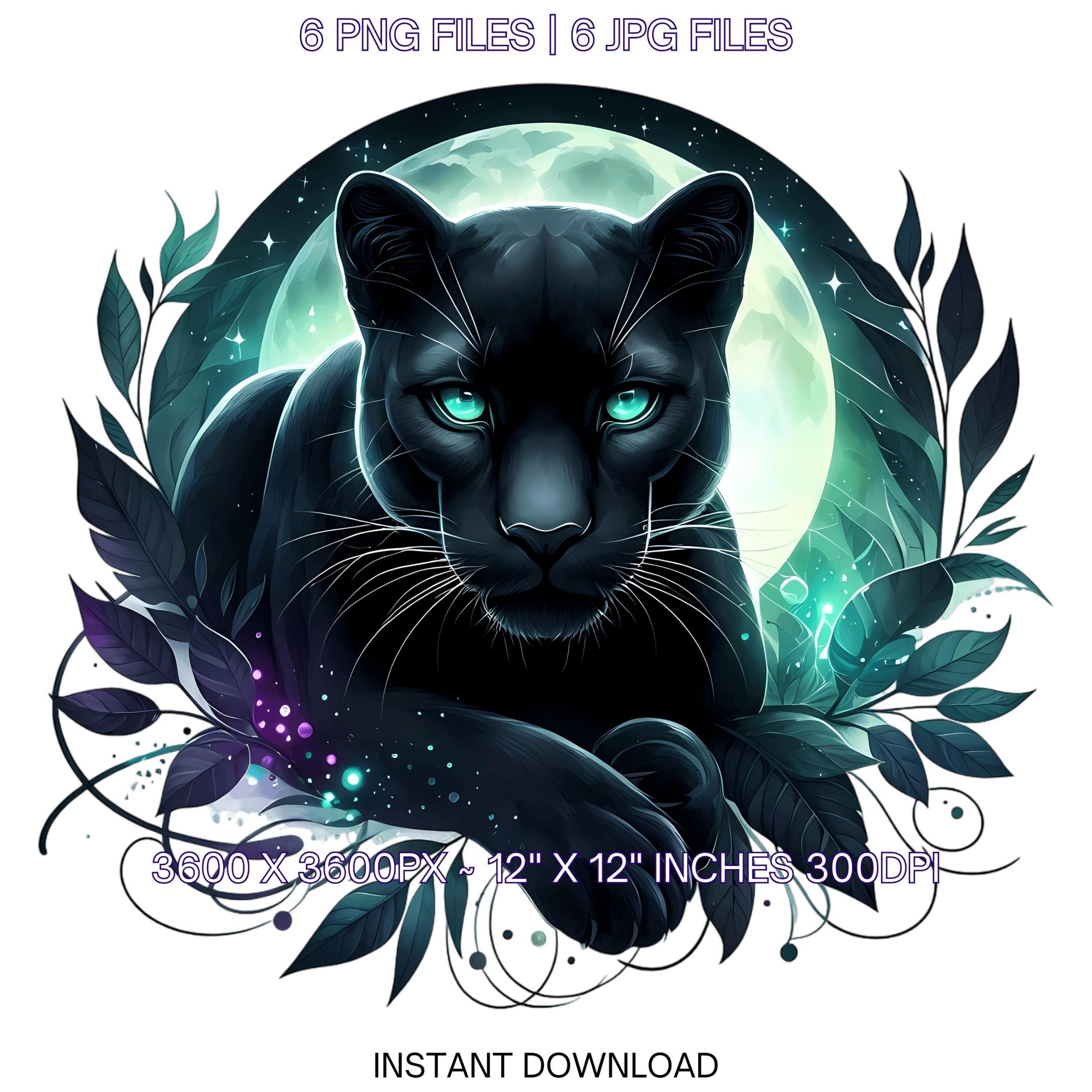 Panther Clipart PNG | 6 Watercolor Mysterious Black Panther crouched in Jungle with green eyes | Jungle Panther | Sublimation Commercial Use – Instant Digital Download