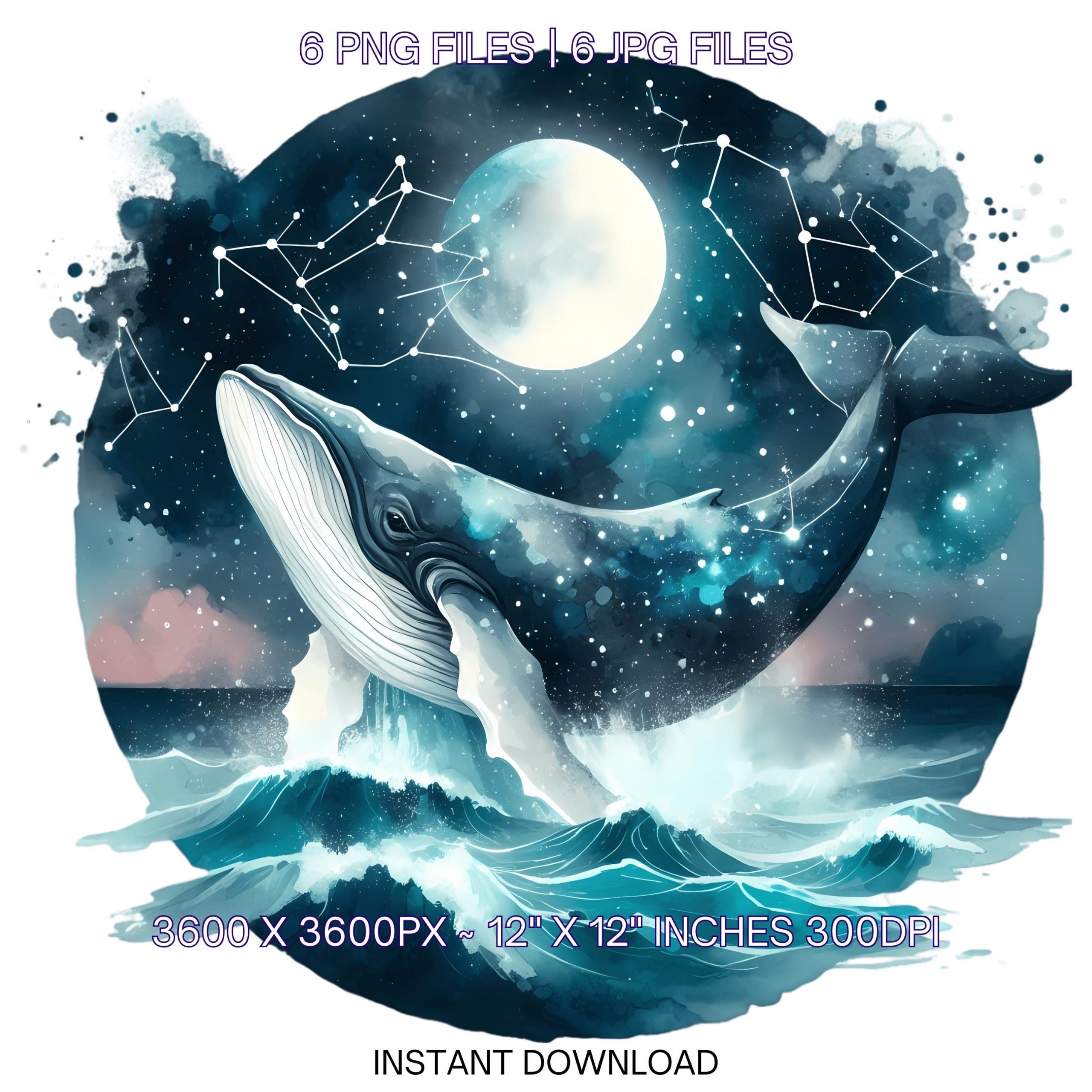 Whale Clipart PNG | 6 Watercolor Ocean Massive Whale with Stars, Constellations & Marine Life | Underwater | Sublimation Commercial Use – Instant Digital Download