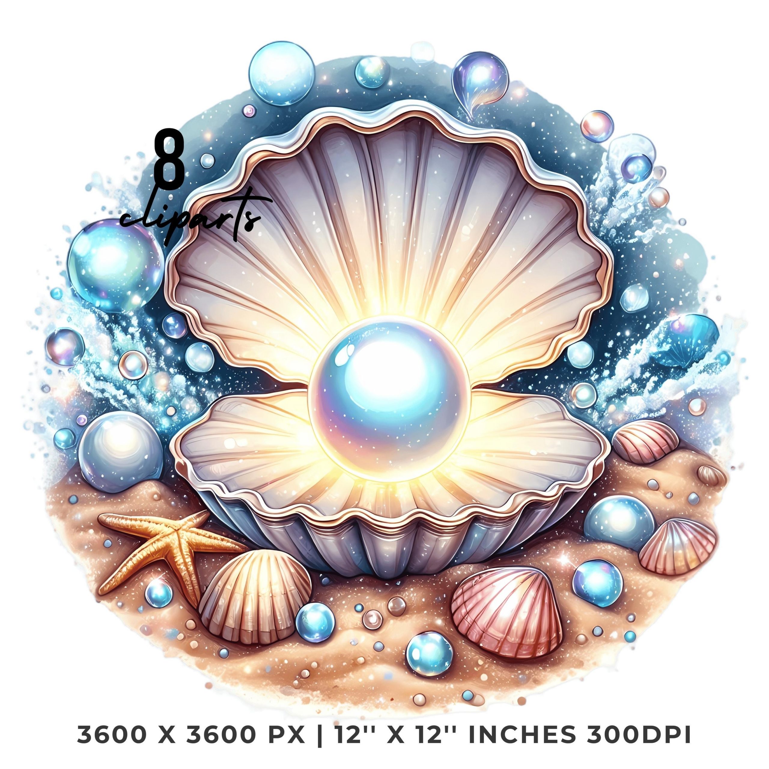 Open Clam Shell Clipart PNG | 8 Watercolor Open Clam Shell with Pearl inside, on glittering sand with shells | Sublimation Commercial Use – Instant Digital Download