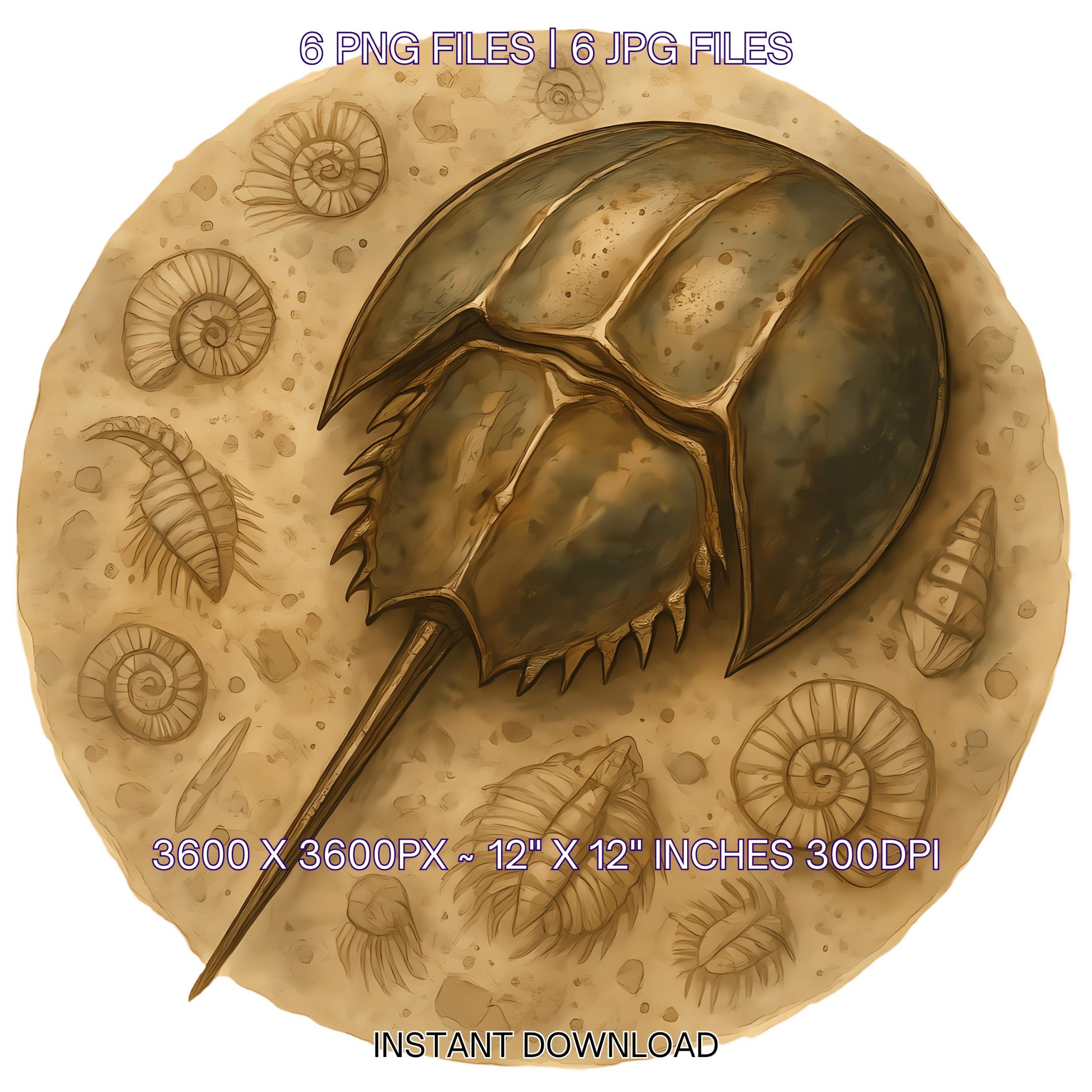 Horseshoe Crab Clipart PNG | 5 Watercolor Ancient Horseshoe Crab & fossil background | Vintage Marine Biology | Sublimation Commercial Use – Instant Digital Download