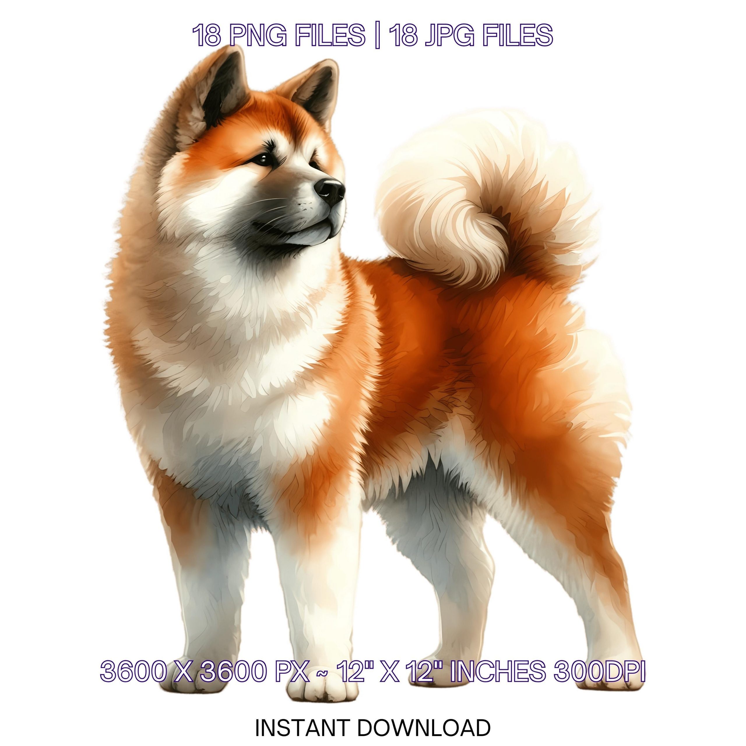Akita Clipart | 18 Watercolor Akita Puppy Dog PNG for Card Making, Scrapbooking, Junk Journaling, Sublimation, Commercial Use – Instant Digital Download
