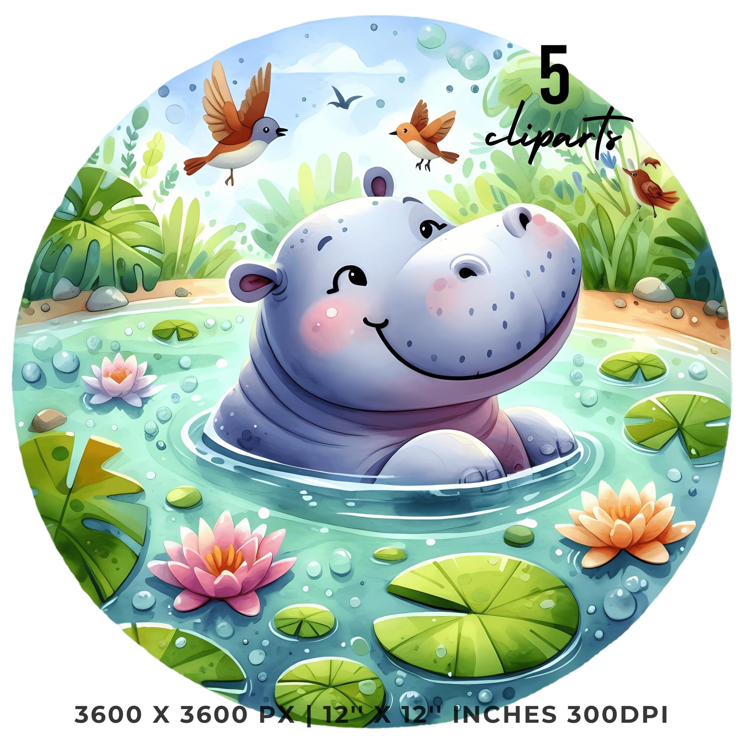 Hippo Clipart PNG | 6 Watercolor Playful Hippo in a Tropical River, with Lily pads, and Birds, Sublimation Transparent Commercial Use – Instant Digital Download