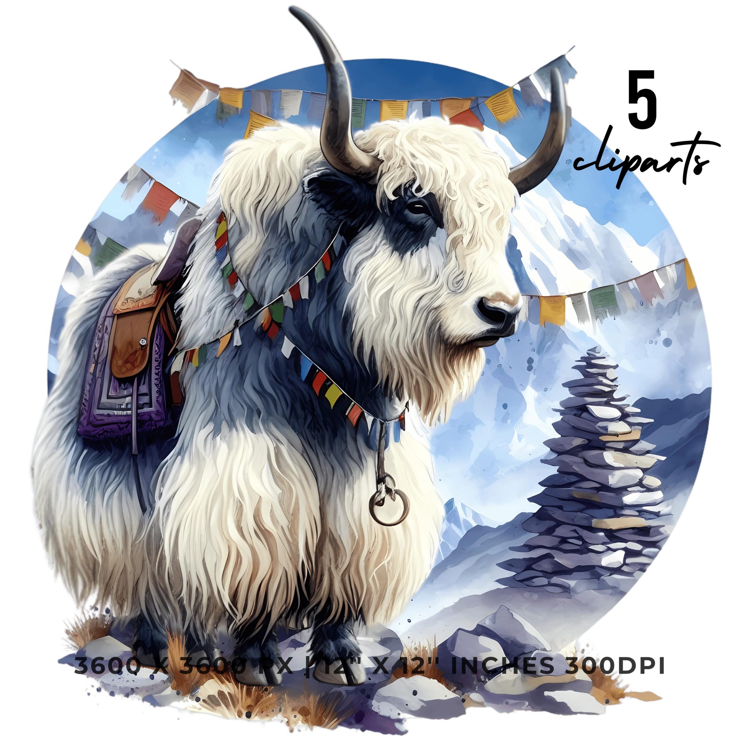 Yak Clipart PNG | 5 Watercolor Furry Yak standing in a Himalayan snowy peaks, prayer flags, and stone trails | Sublimation Commercial Use – Instant Digital Download