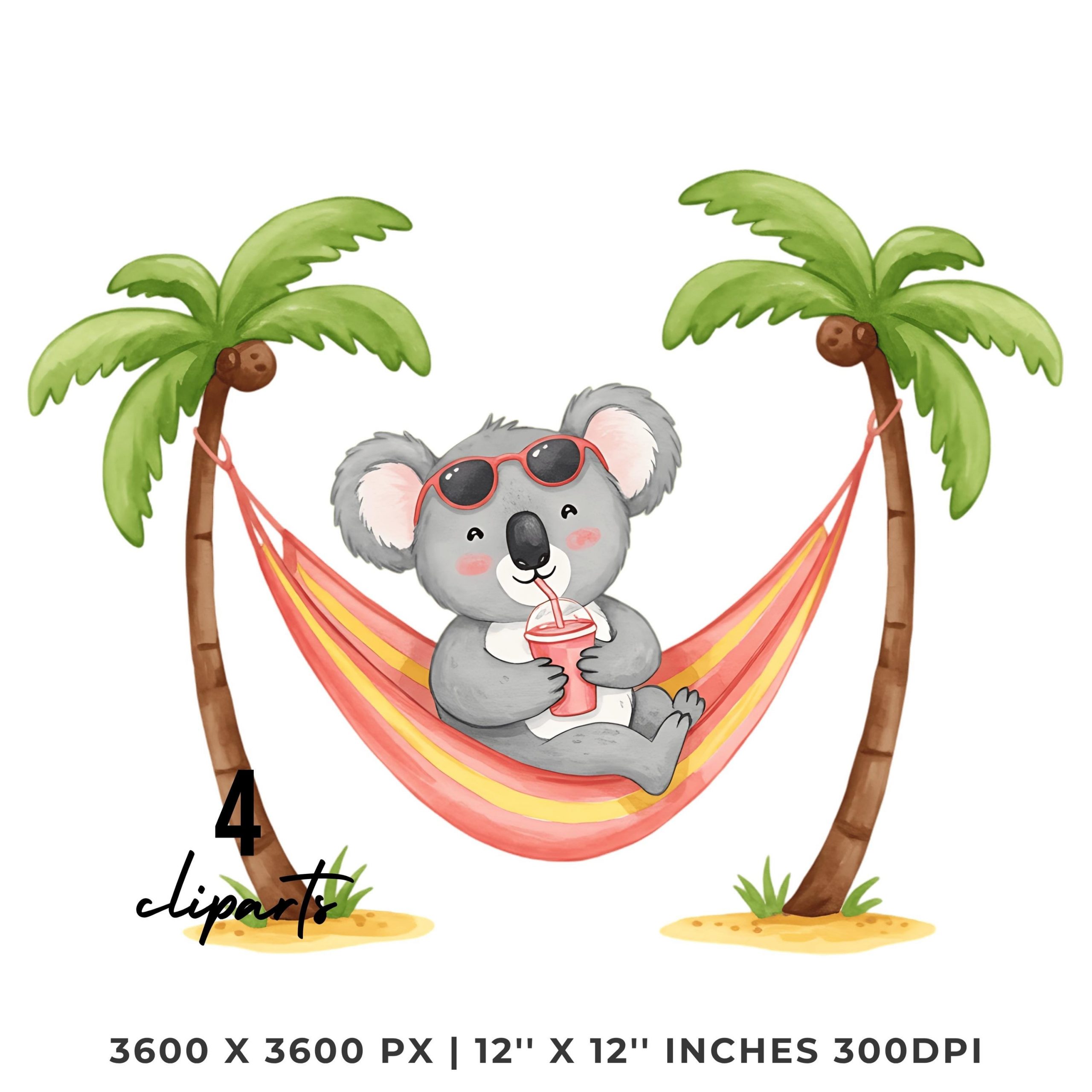 Koala Clipart PNG | 4 Watercolor Koala sipping a smoothie in a Hammock tied between two palm trees | Summer Sublimation Commercial Use – Instant Digital Download
