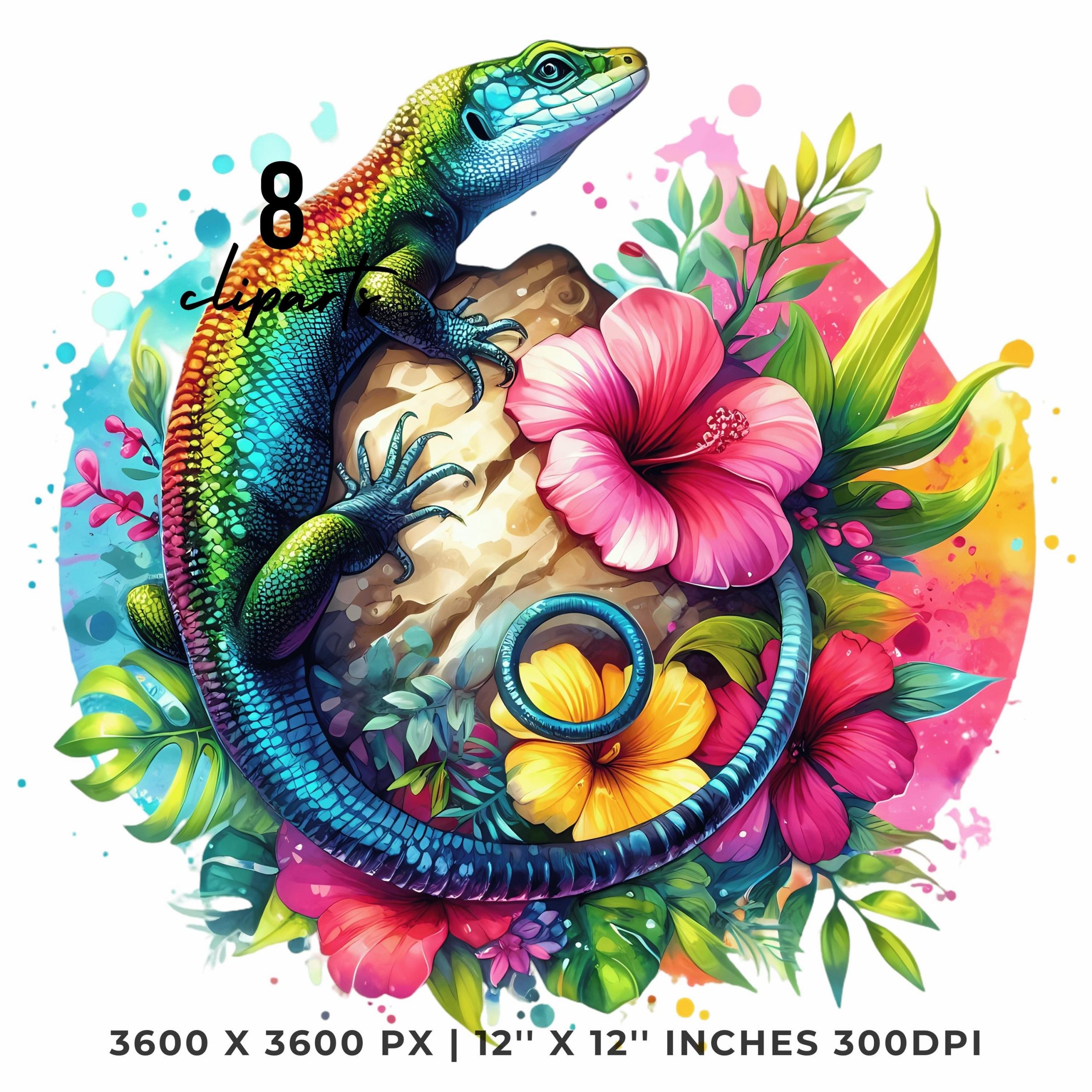 Lizard Clipart PNG | 8 Watercolor Tropical Lizard Climbing on a Flower-covered Rock | Summer Sublimation Transparent Commercial Use – Instant Digital Download