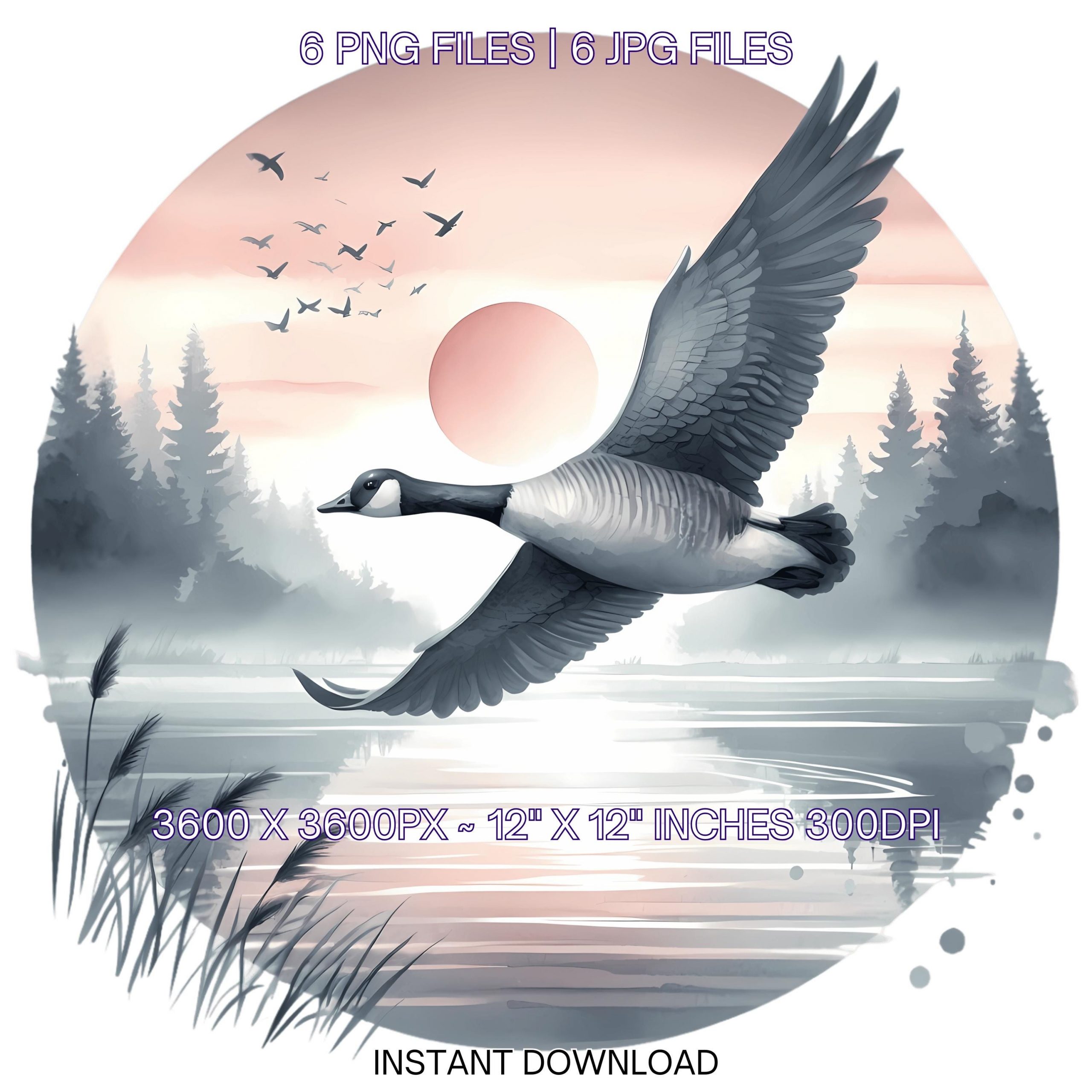 Flying Goose Clipart PNG | 6 Watercolor Elegant Goose in flight over a lake at dawn with fog and distant trees | Sublimation Commercial Use – Instant Digital Download