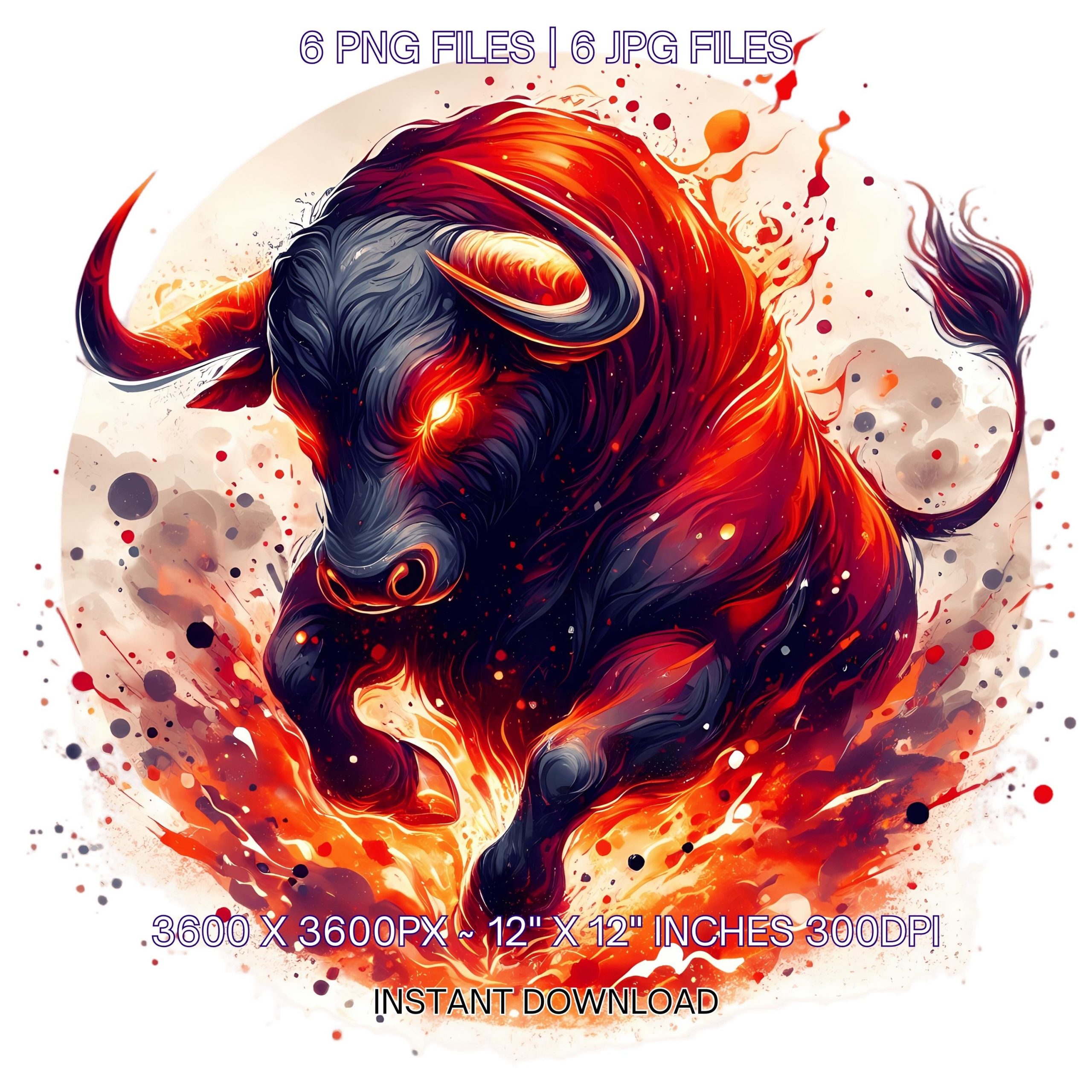 Fiery Bull Clipart PNG | 6 Watercolor Fiery Bull charging forward with glowing eyes, dust clouds | Sublimation Transparent Commercial Use – Instant Digital Download