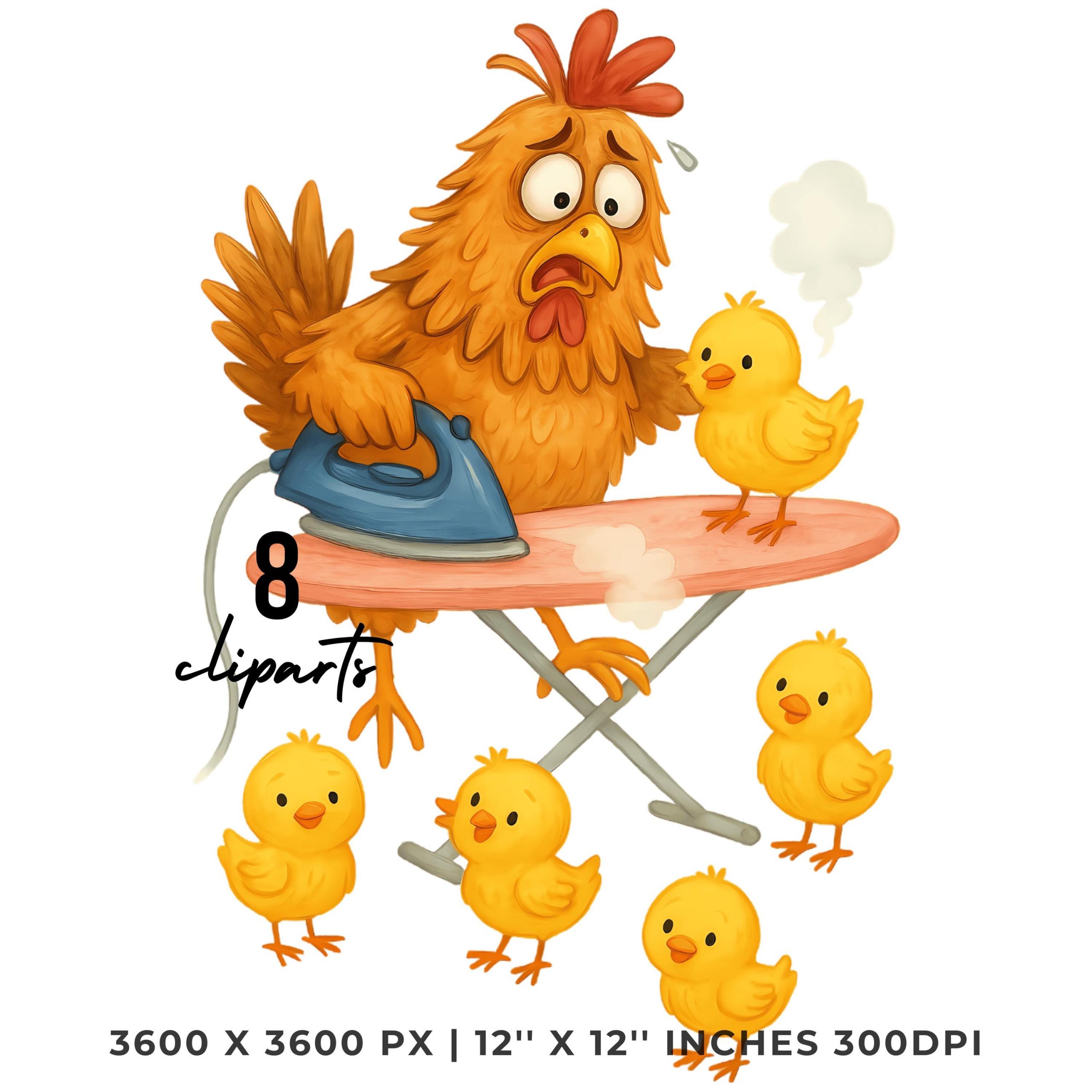 Funny Chicks with Hen PNG Clipart | Frazzled Quirky Whimsical Cute Hen Holds an Iron | 8 PNG – 8 JPG Sublimation Commercial Use | Farm Life – Instant Digital Download