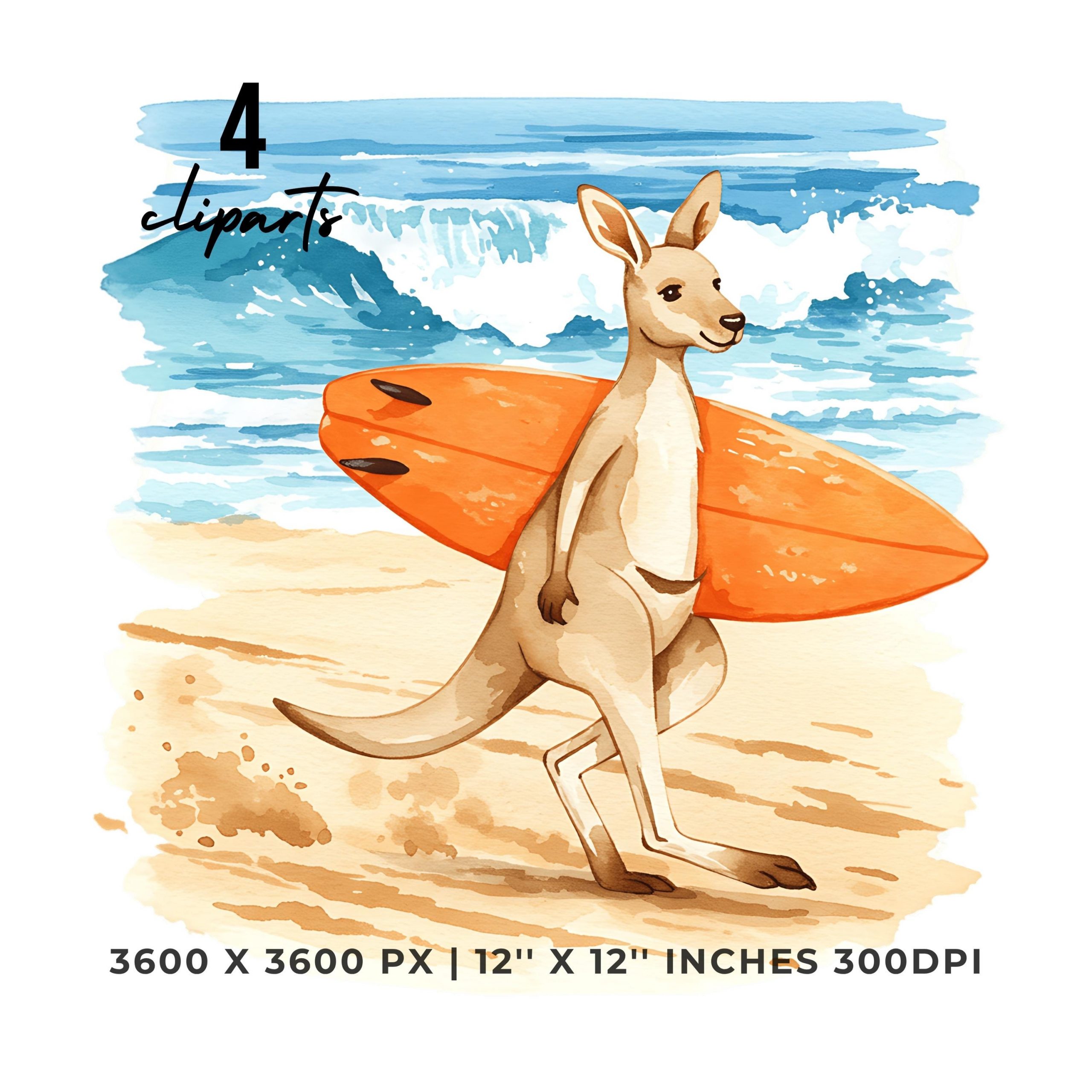 Summer Kangaroo Clipart PNG | 4 Watercolor Kangaroo Bouncing on Dusty Trail Carrying a Surfboard toward Waves | Sublimation Commercial Use – Instant Digital Download