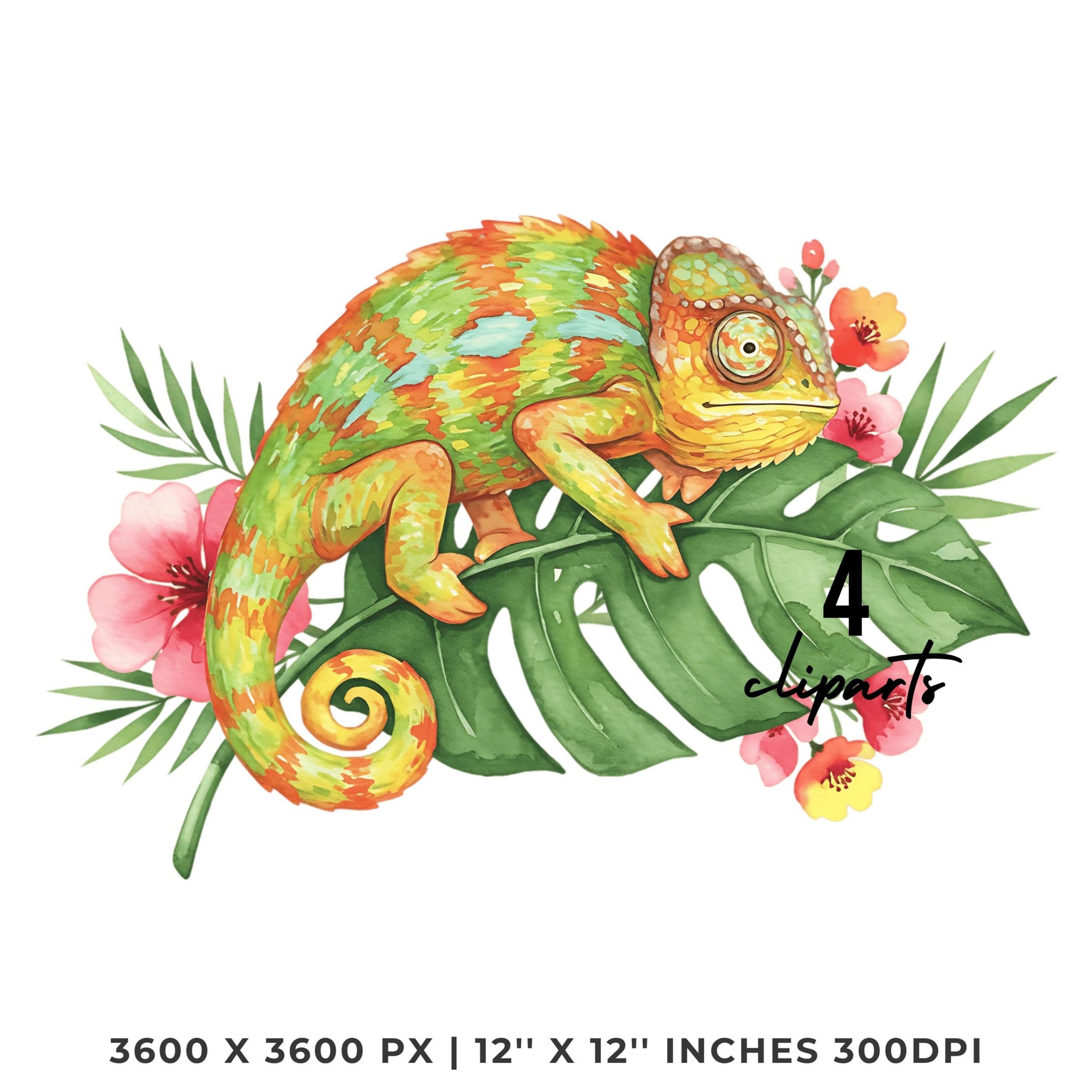 Summer Chameleon Clipart PNG | 4 Watercolor Chameleon Sunbathing on a Tropical Leaf on Summer Flowers | Sublimation Commercial Use – Instant Digital Download