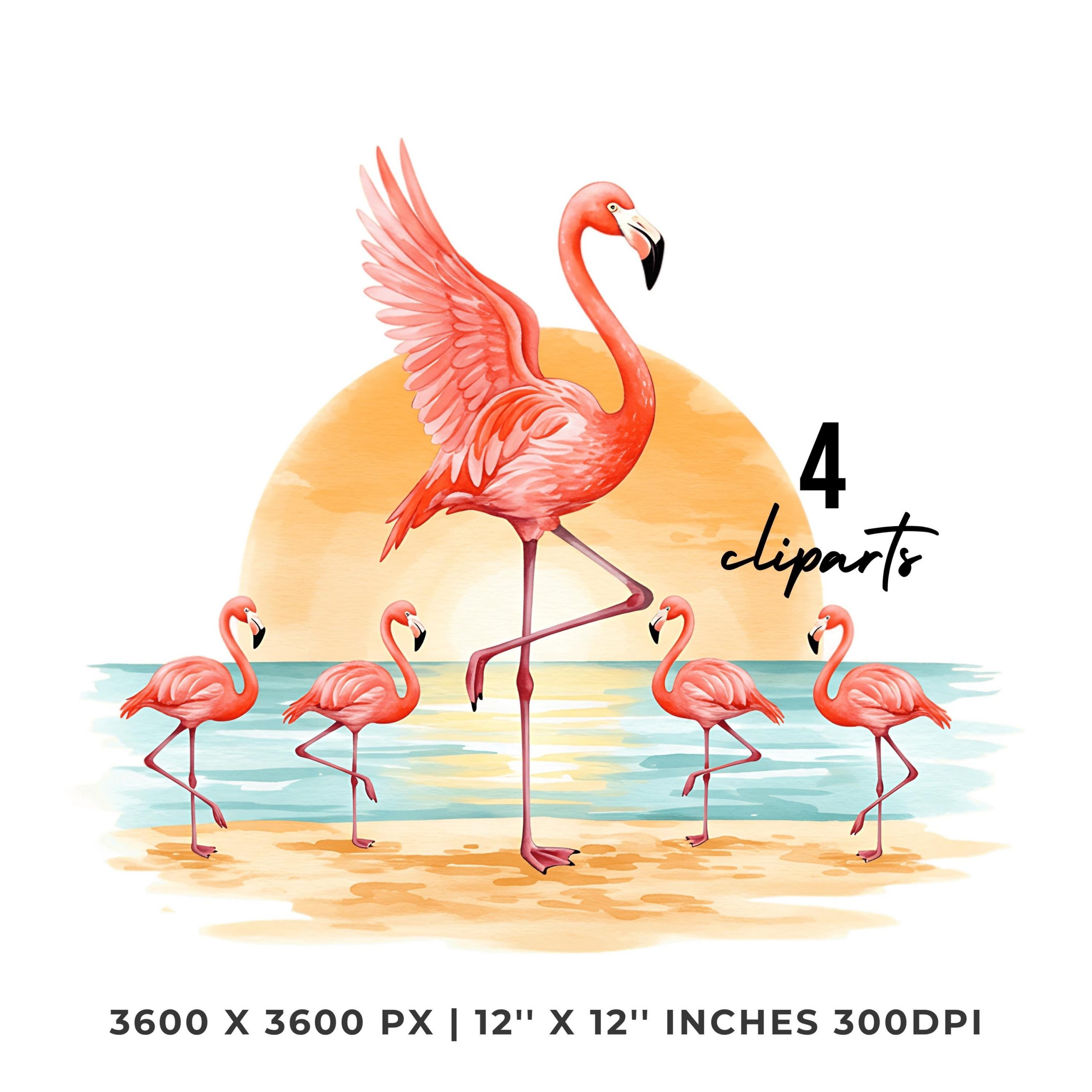 Summer Flamingo Clipart PNG | 4 Watercolor Flamingo Teaching a Yoga Class  on the Beach at Sunrise | Sublimation Transparent Commercial Use – Instant Digital Download