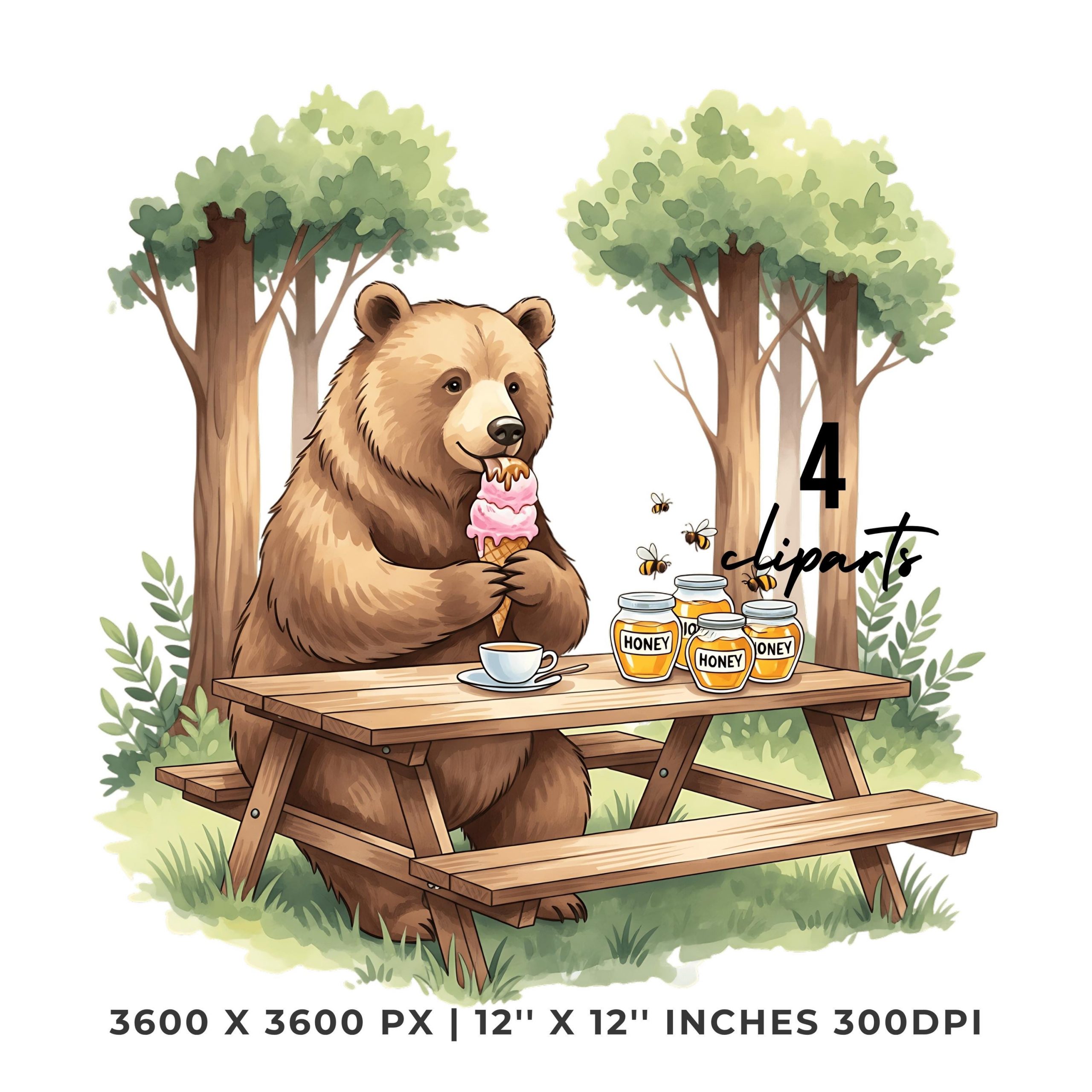 Summer Bear Clipart PNG | 4 Watercolor Bear eating Ice Cream at picnic table in forest, bees buzzing around honey jars | Commercial Use – Instant Digital Download
