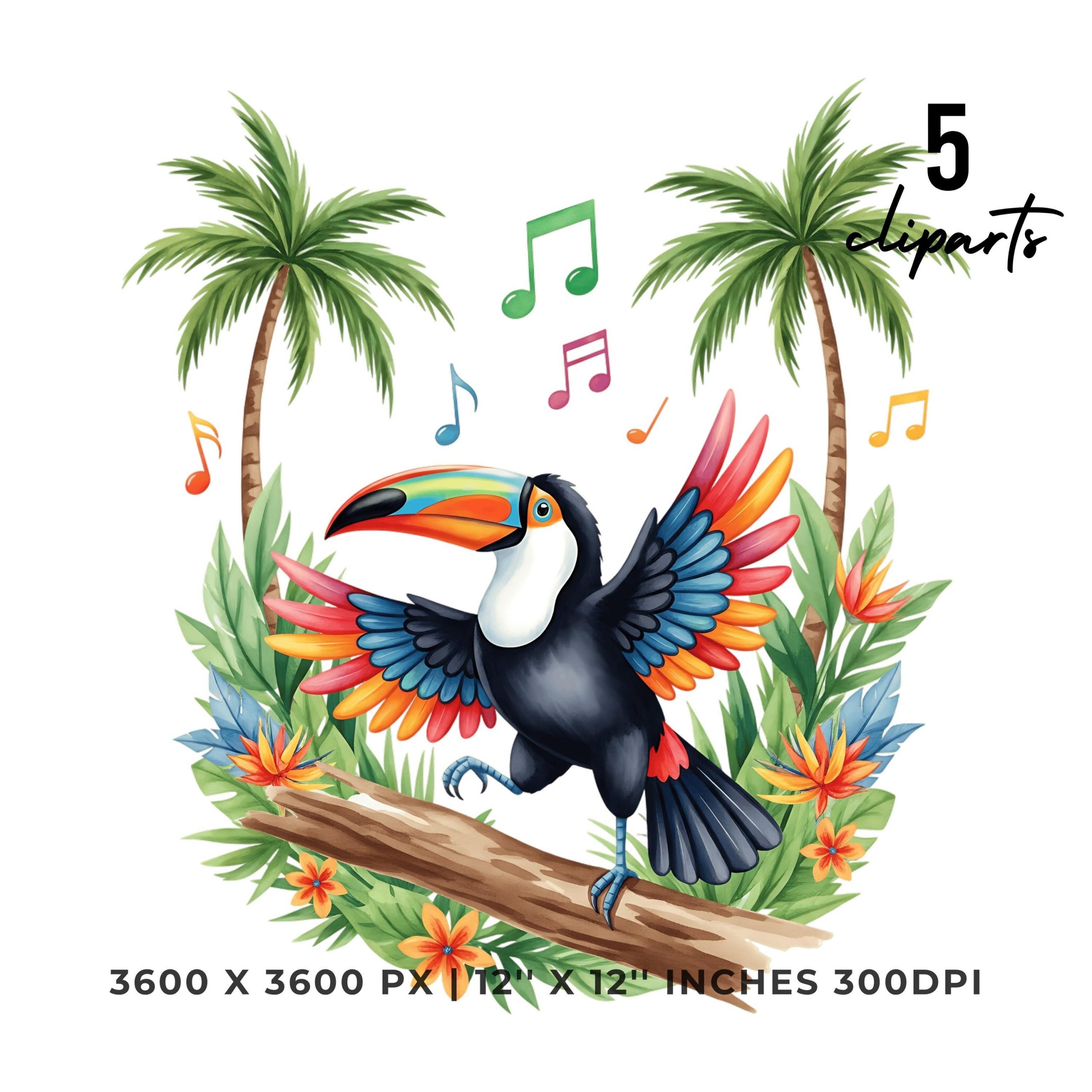 Summer Toucan Clipart PNG | 4 Watercolor Toucan dancing on a Tree Branch in the Jungle | Sublimation Transparent Commercial Use – Instant Digital Download